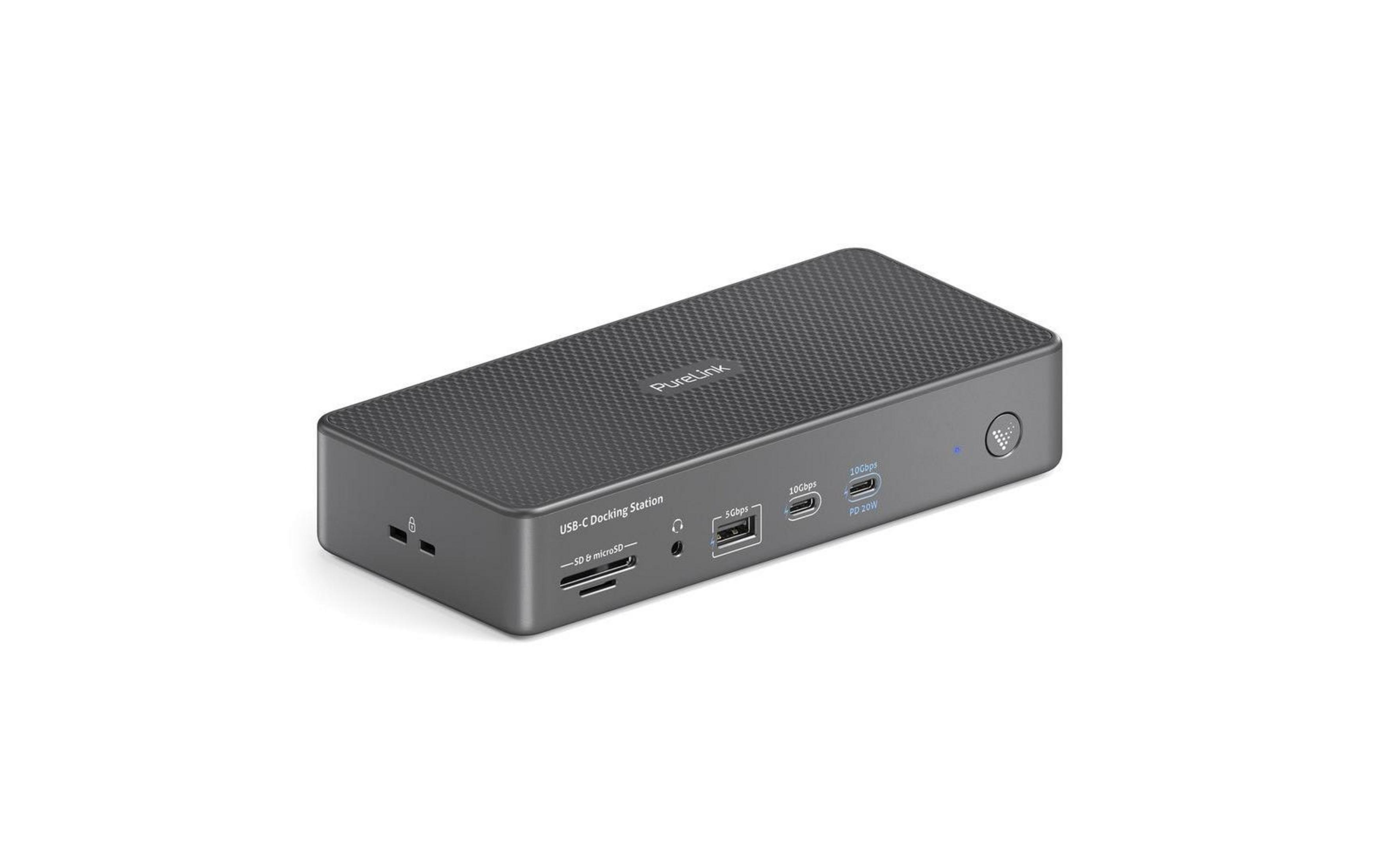 Docking station USB-C grigia con porte SD/microSD, USB-A, 2x USB-C e PD 20W.