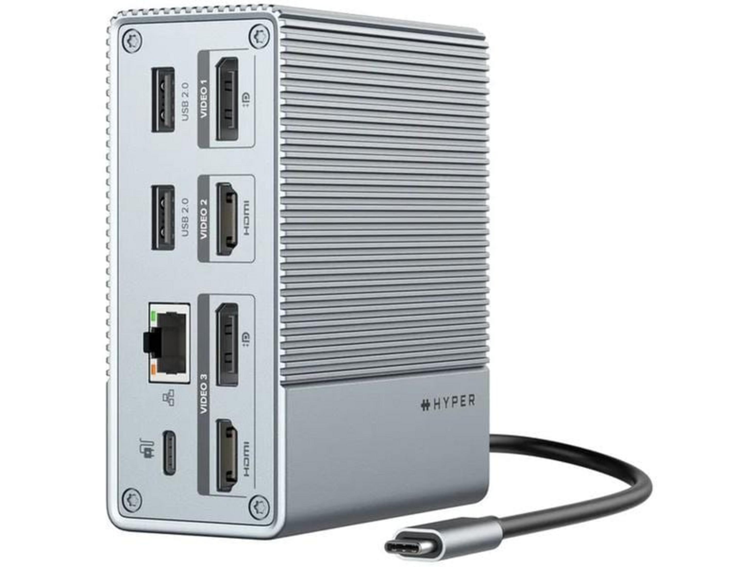 Hub USB-C argentato con porte: USB, HDMI, Ethernet. Logo #HYPER.