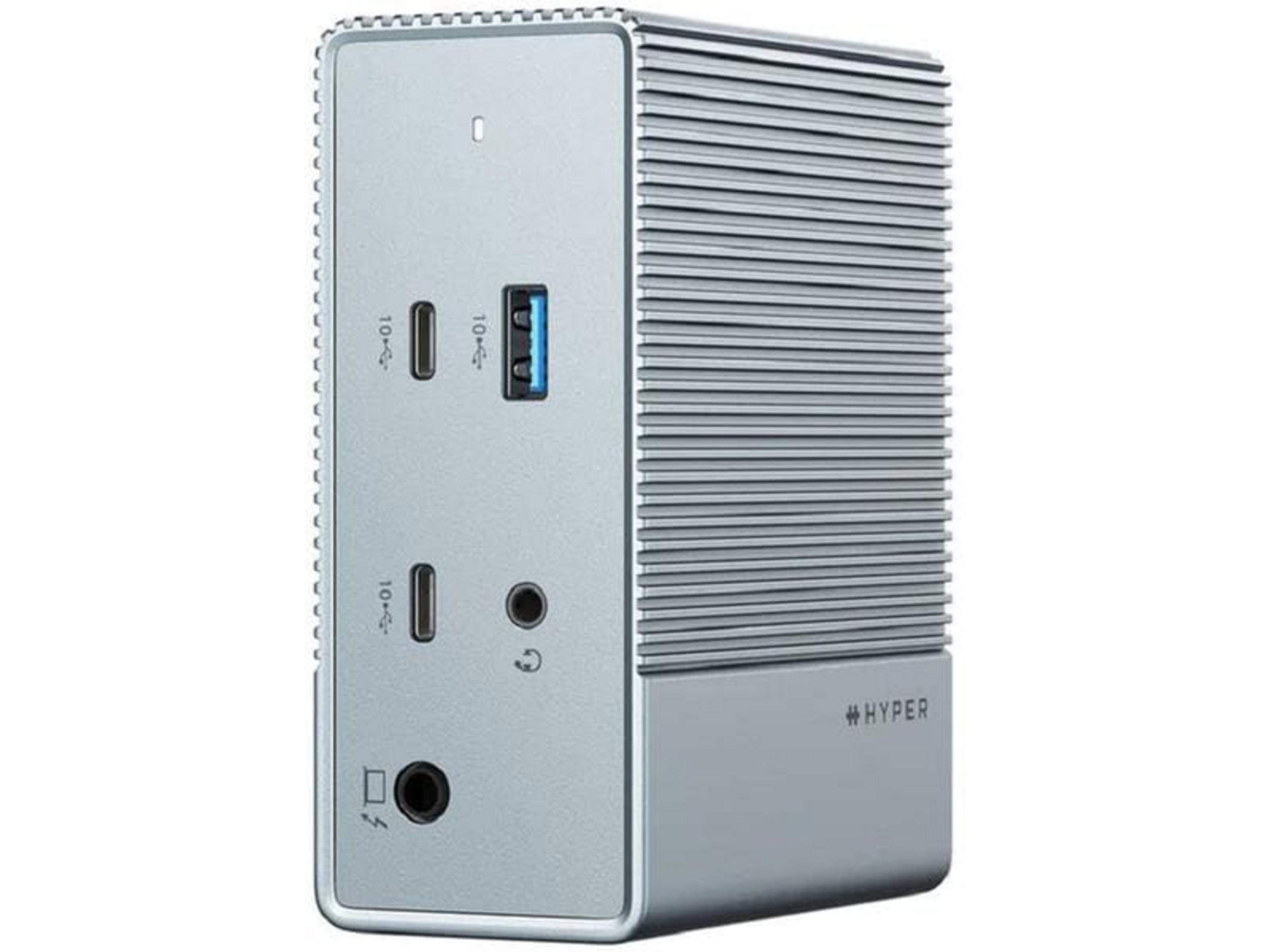 Docking station argentata con porte USB-A, USB-C e cuffie.
