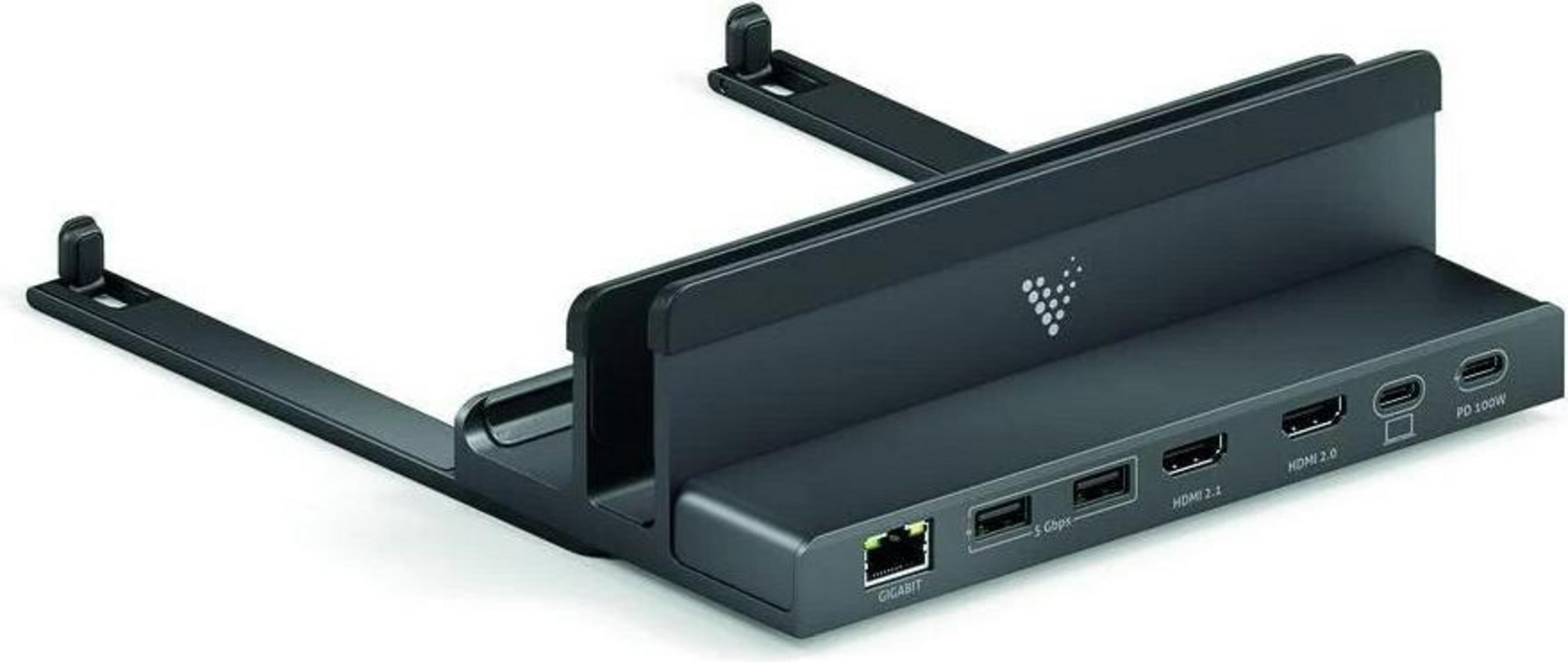 Supporto docking nero con più porte: USB, HDMI, Ethernet e USB-C.