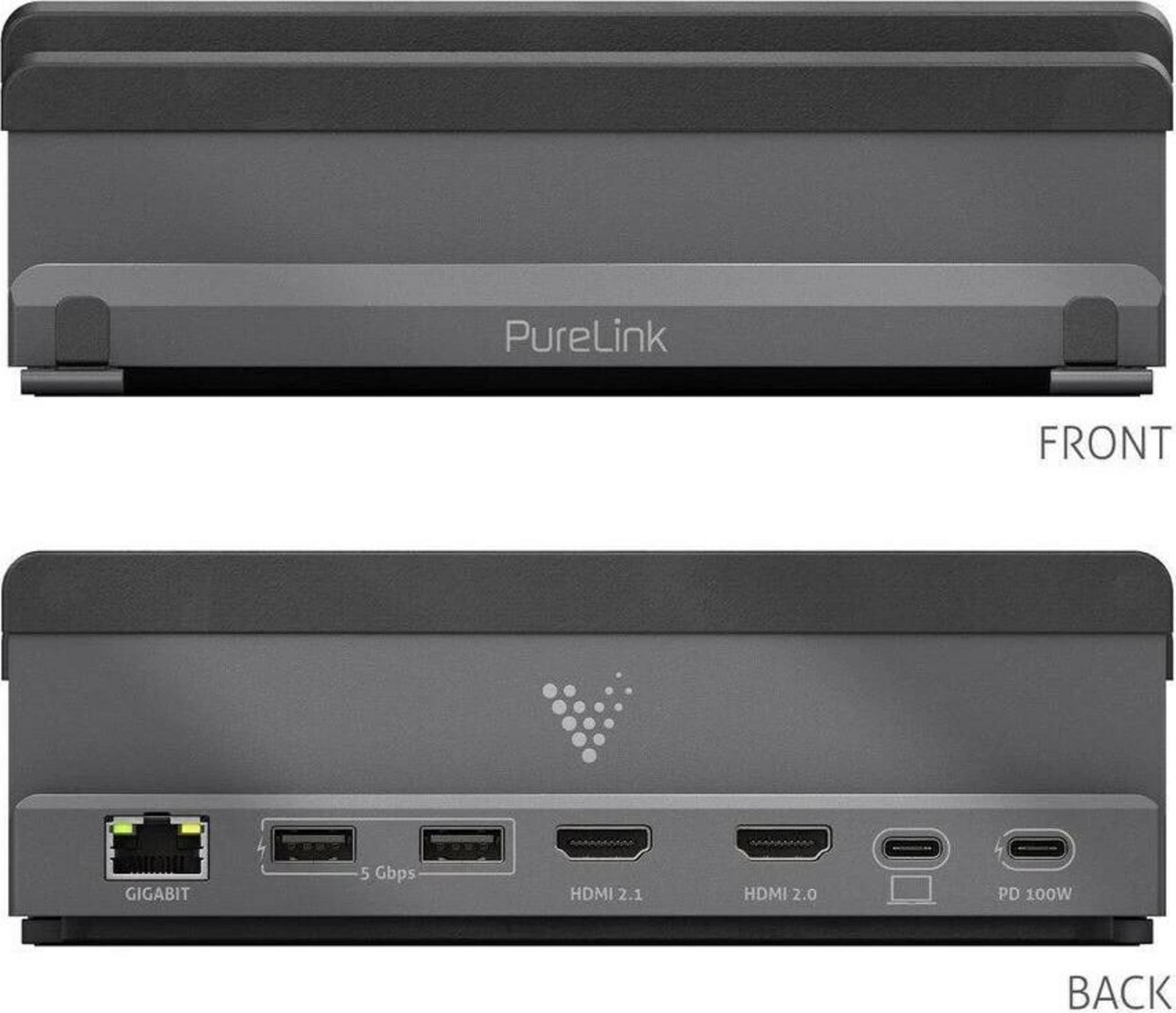 Vista anteriore e posteriore di un hub PureLink grigio con porte.