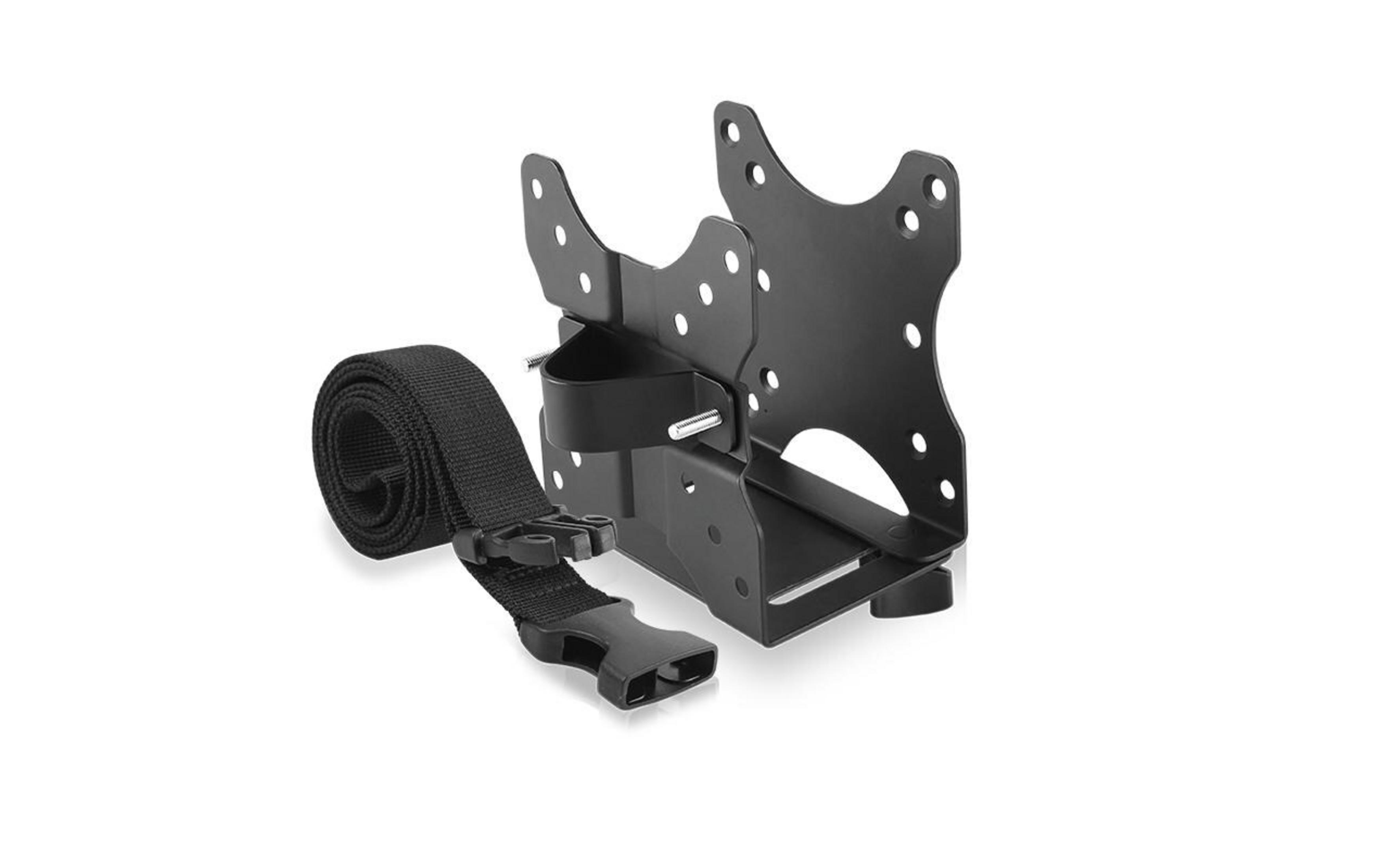 Czarny wspornik z czarnym paskiem i klamrą na białym tle.