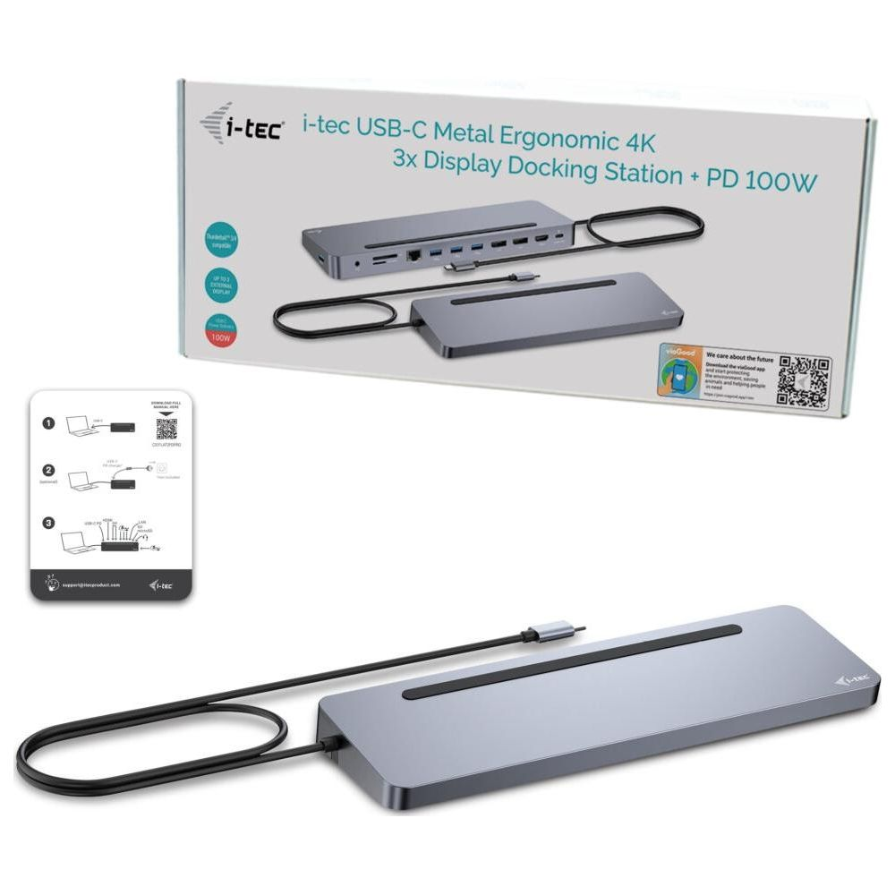 Graue i-tec USB-C Dockingstation mit Kabel und Anleitung auf weißem Hintergrund.