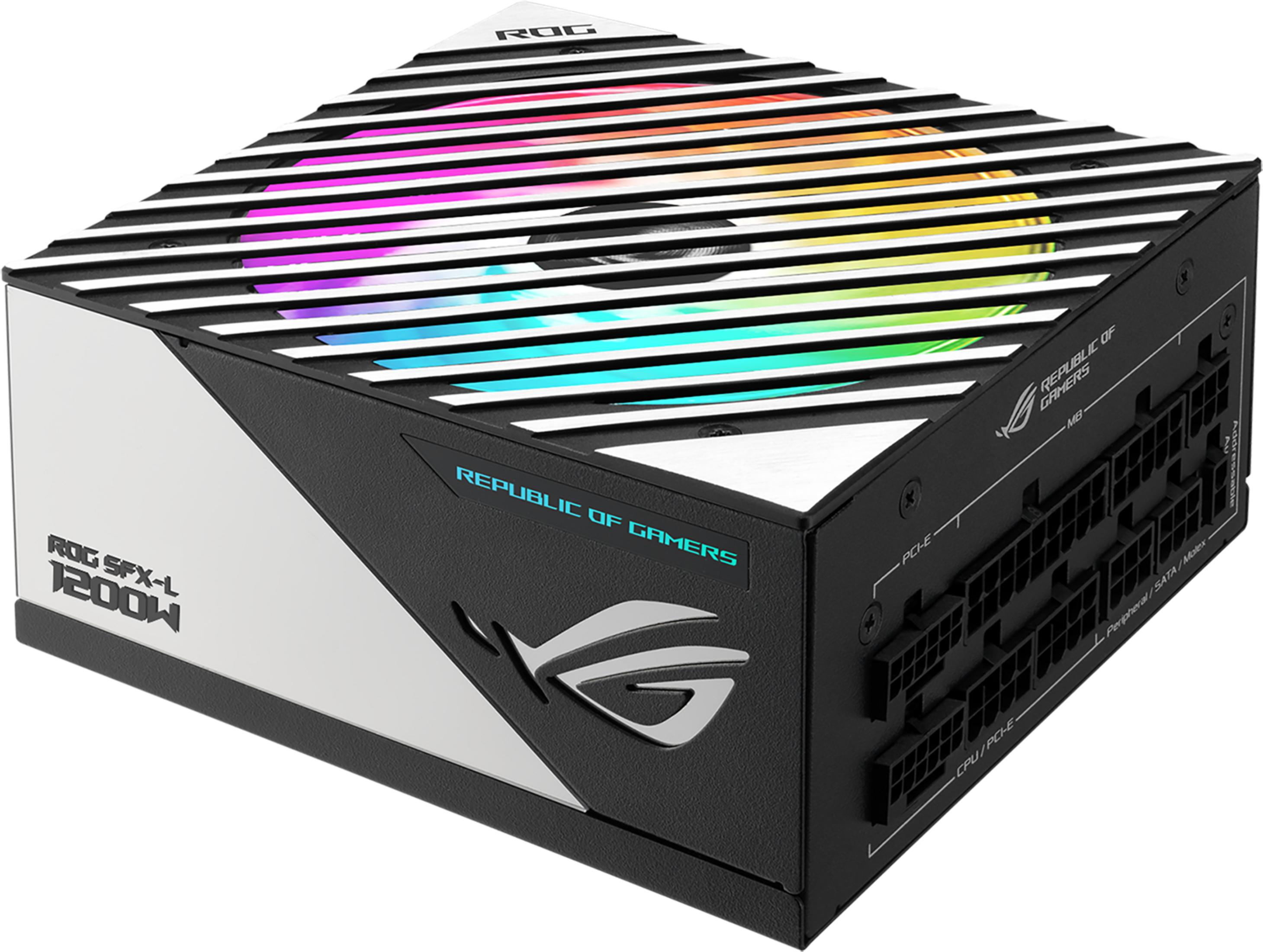 Czarny zasilacz komputerowy z białym panelem przednim, wentylatorem RGB i złączami.