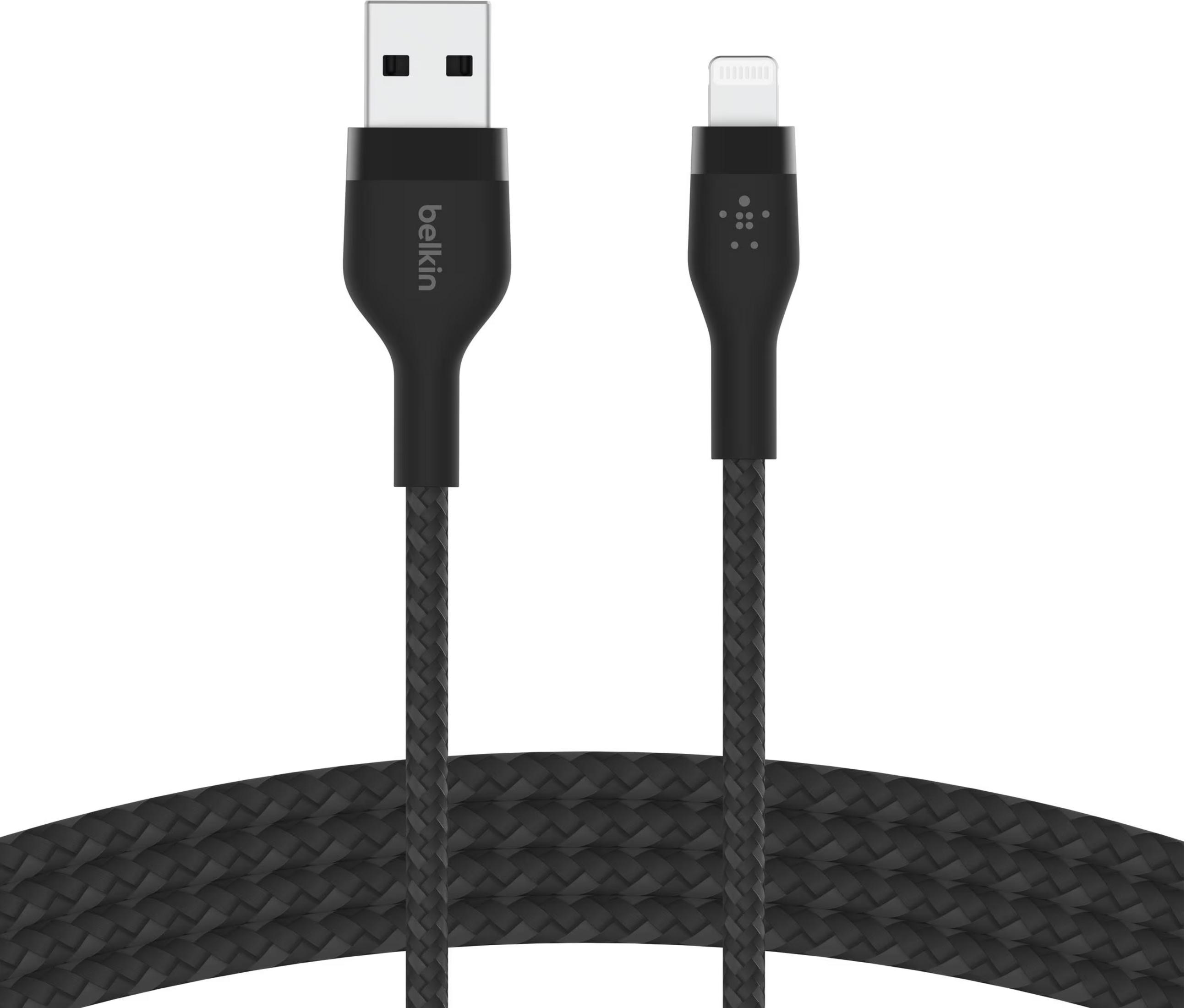 Czarny kabel USB-A do Lightning z plecionym oplotem i logo Belkin.