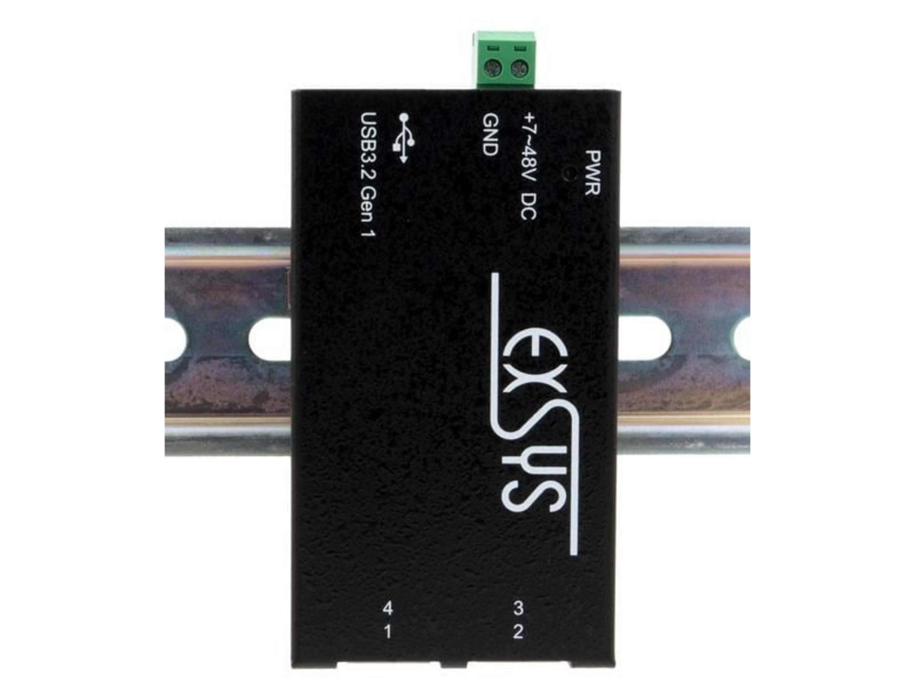 Custodia nera con USB 3.2 Gen 1, ingresso alimentazione e logo aziendale su guida DIN.