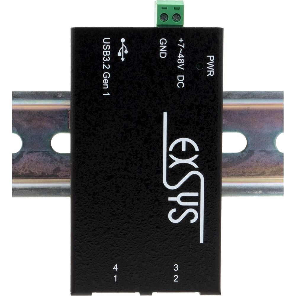 Dispositivo USB 3.2 Gen 1 nero con logo EXSYS montato su guida DIN.