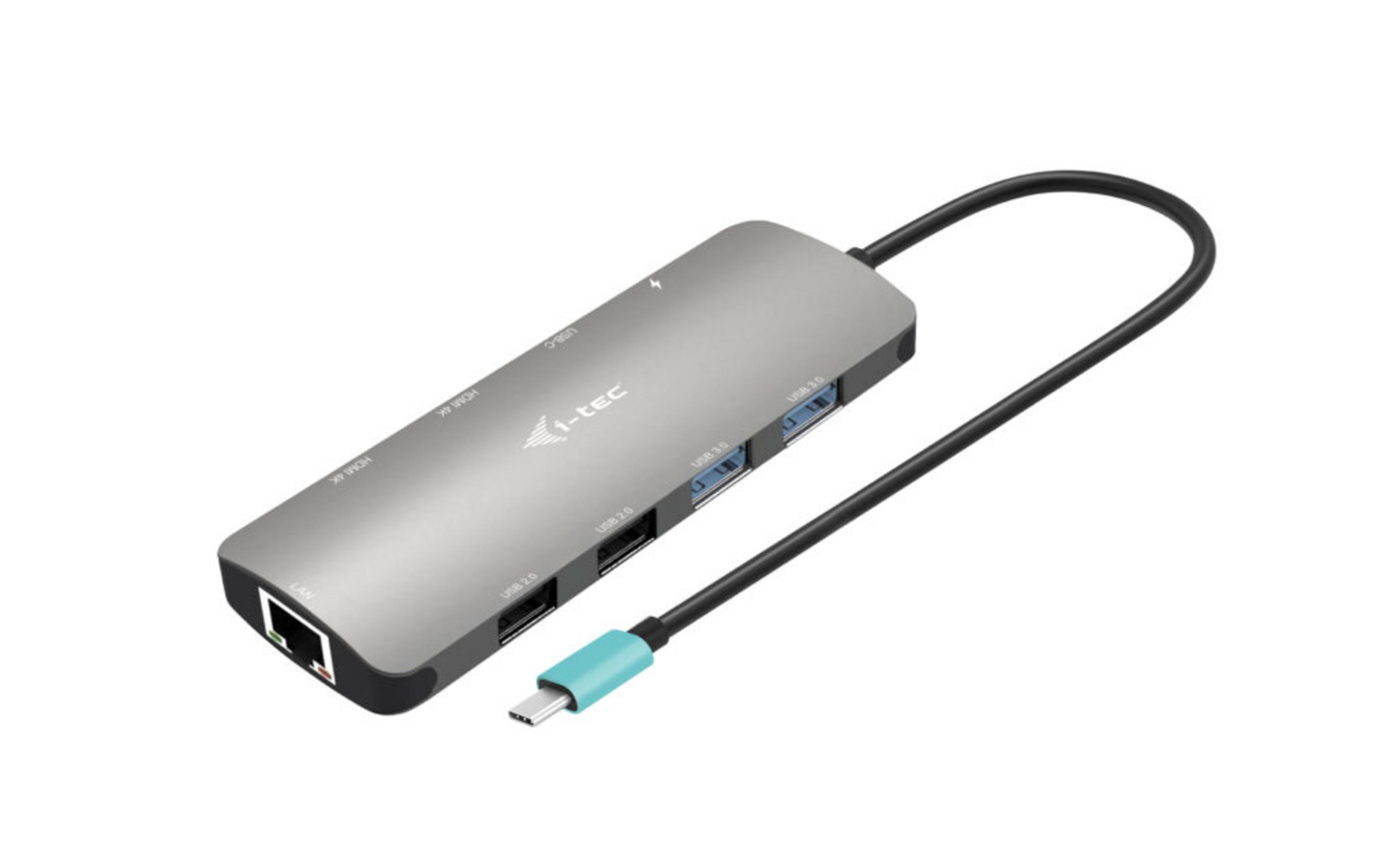 Grauer USB-C-Hub mit LAN-, HDMI-, USB 2.0- und USB 3.0-Anschlüssen.