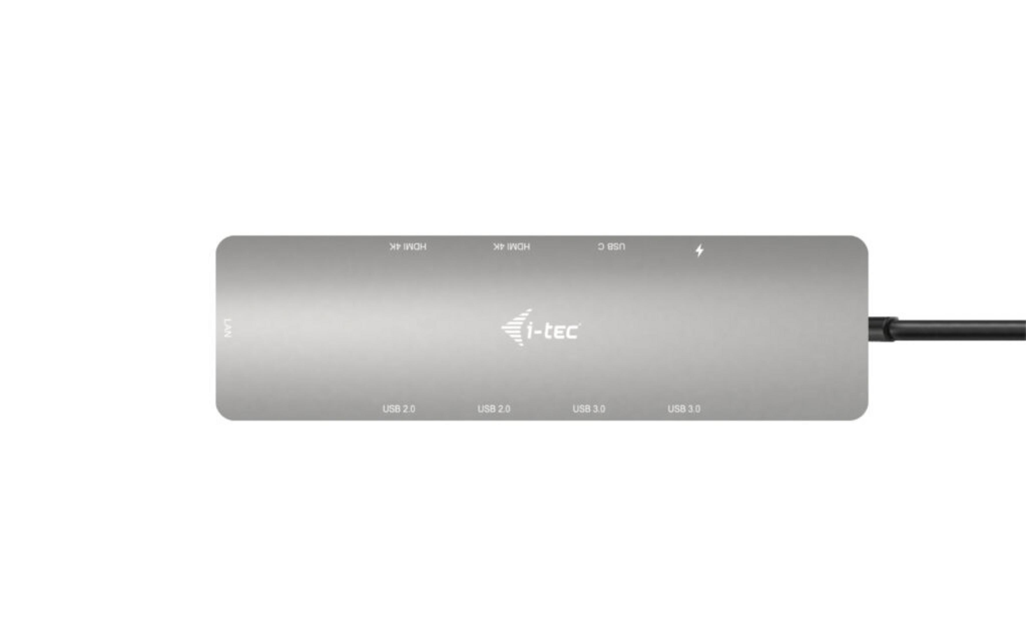 Silberner USB-C-Hub mit LAN-, HDMI- und USB-Anschlüssen.