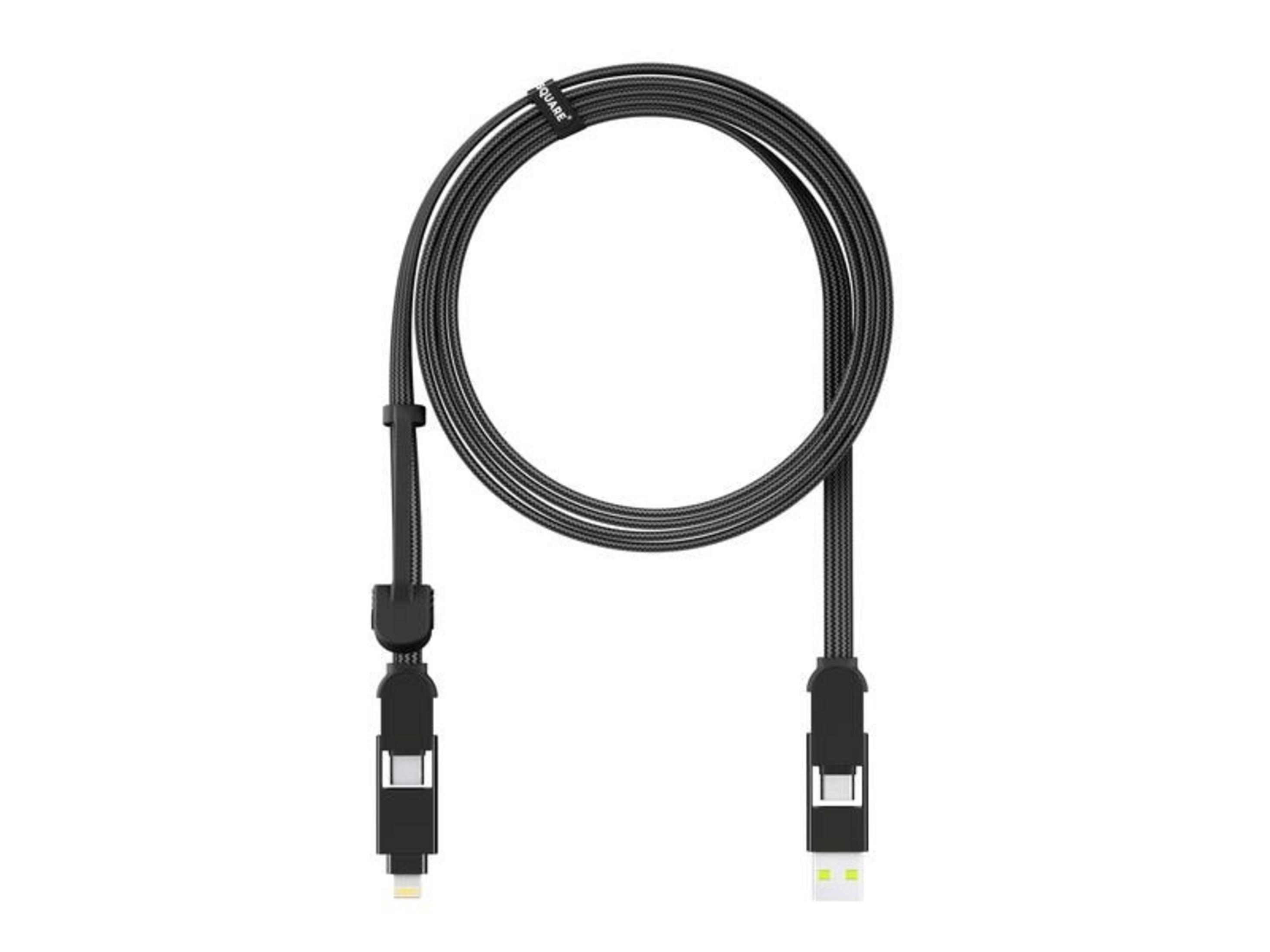 Ein schwarzes Ladekabel mit Lightning- und USB-Steckern, auf weißem Hintergrund.