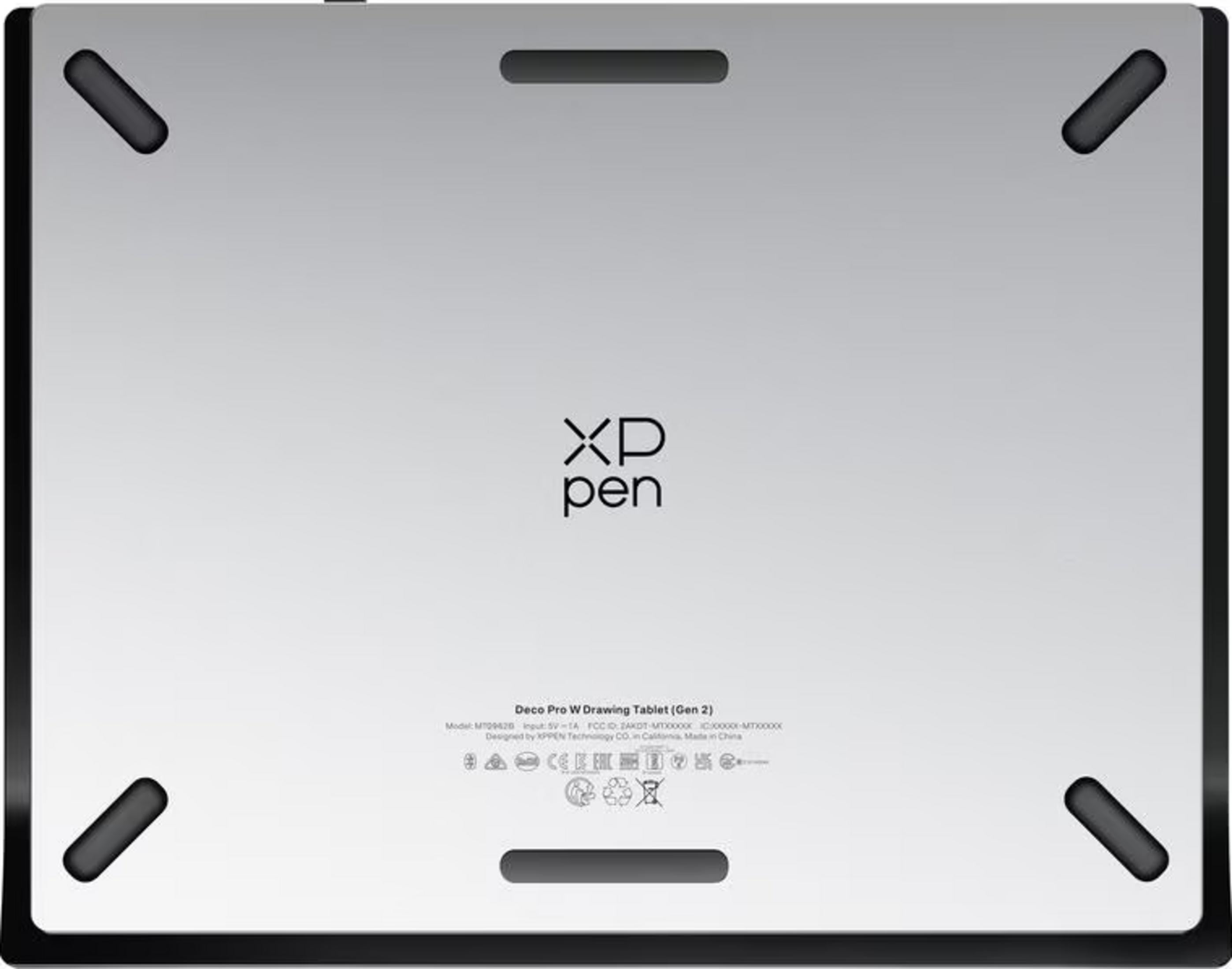 Retro di una tavoletta grafica XP-Pen argentata con quattro piedini in gomma.