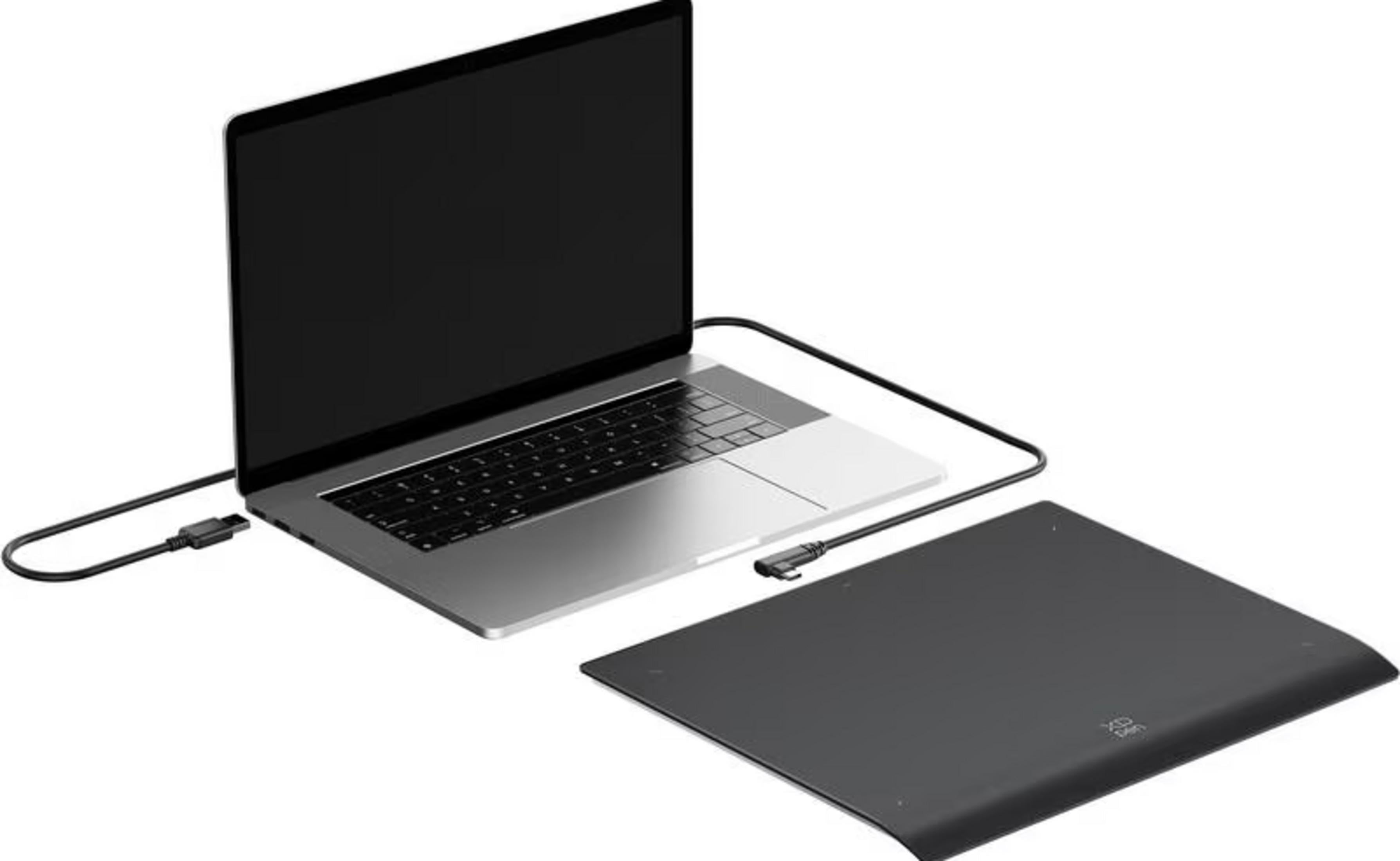 Un laptop argentato collegato a una tavoletta grafica nera con un cavo.