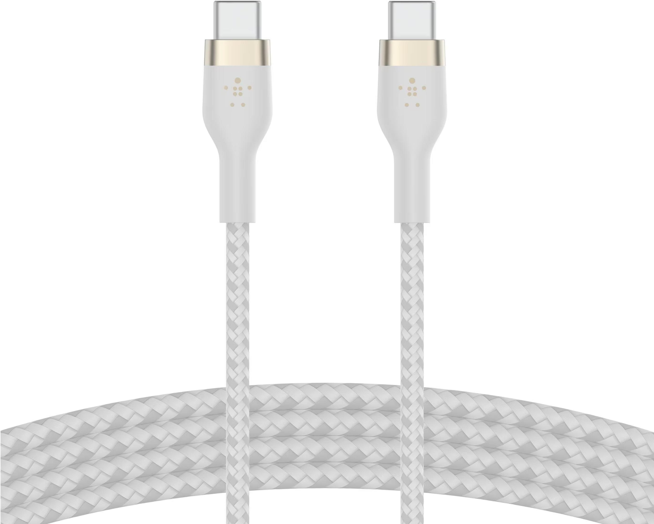 Due cavi USB-C bianchi con accenti dorati e guaina intrecciata.