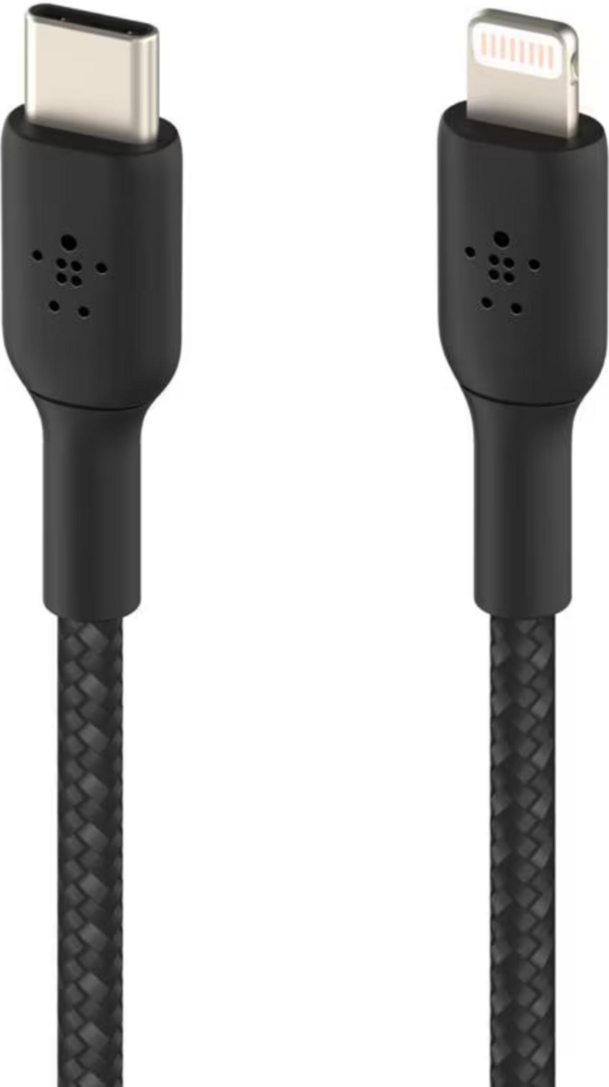 Un câble USB-C noir et un câble Lightning côte à côte.