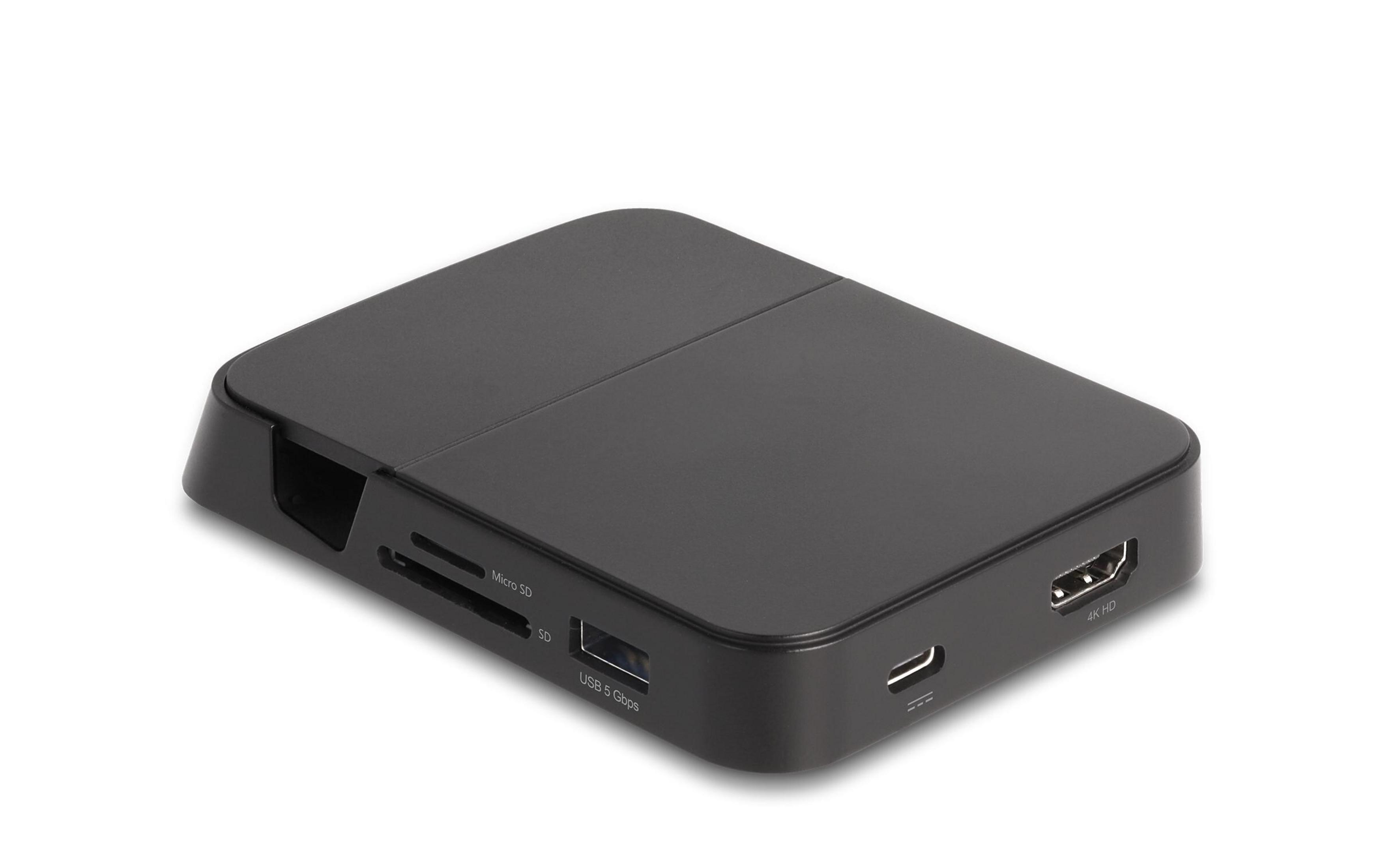 Schwarzes Gehäuse mit SD-, Micro-SD-, USB- und 4K-HD-Anschlüssen auf weißem Hintergrund.