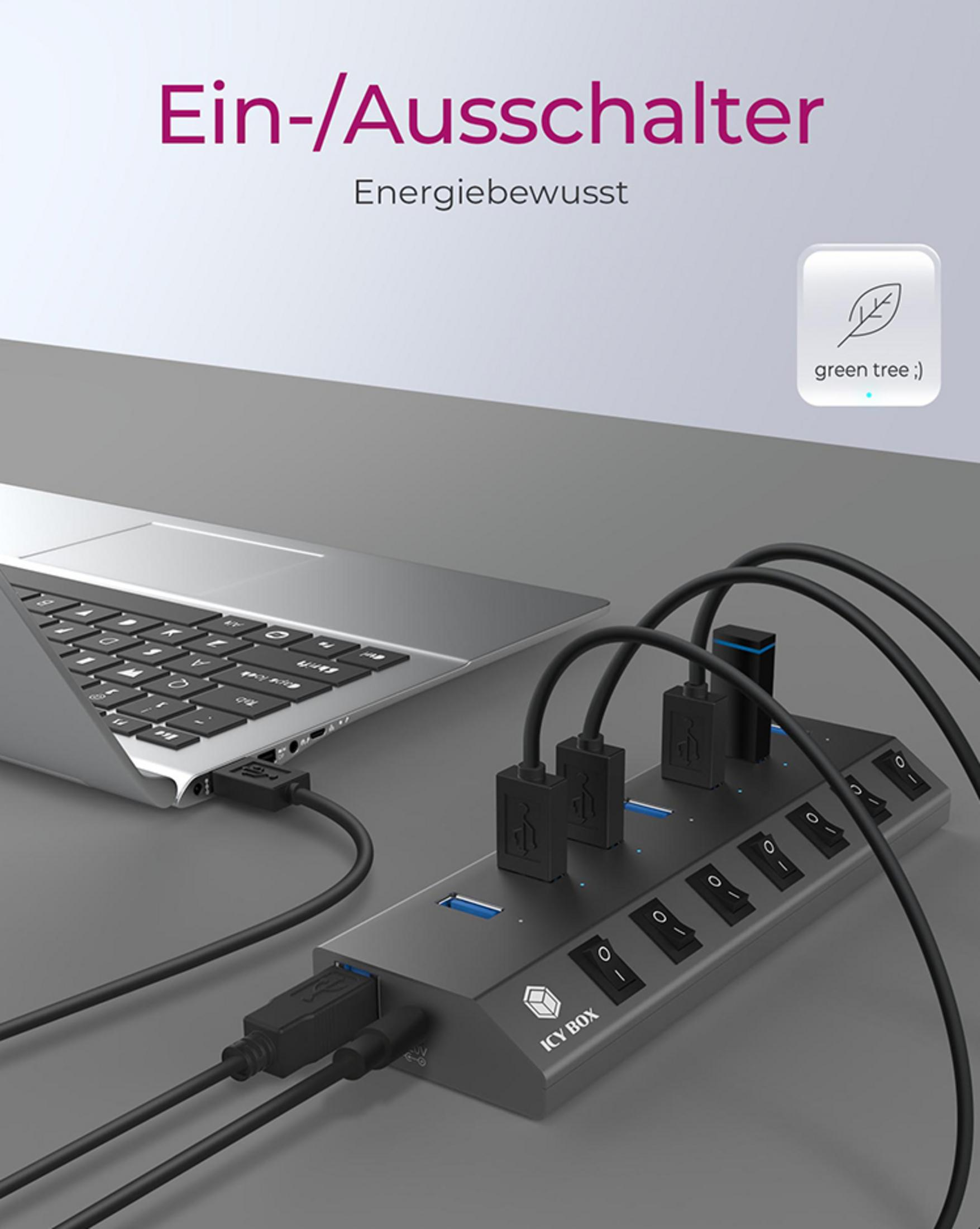 Interruttore on/off con laptop e hub USB con interruttori. Consapevole energia.