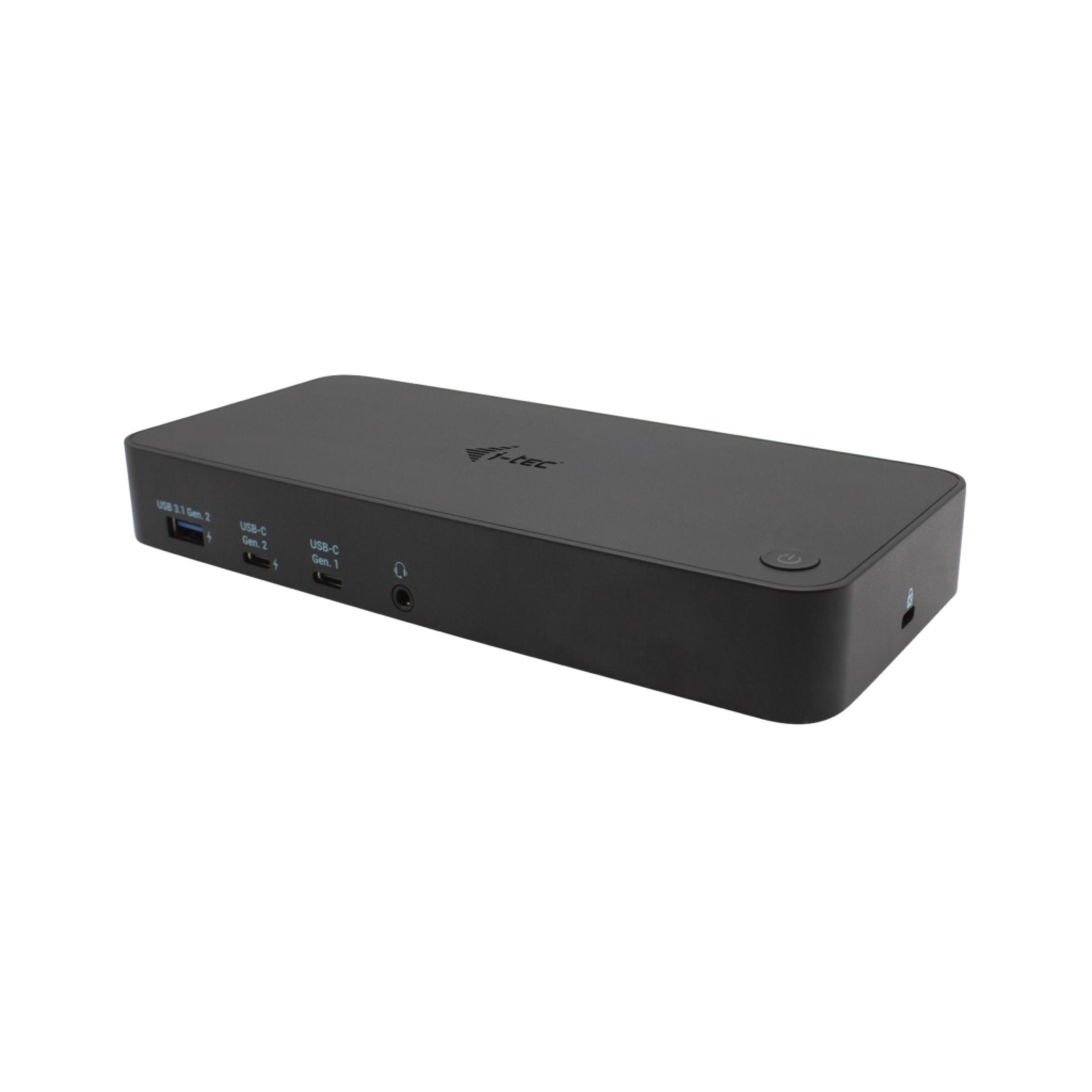 Schwarzes Dock mit USB-A, USB-C-Anschlüssen und Kopfhörerbuchse.