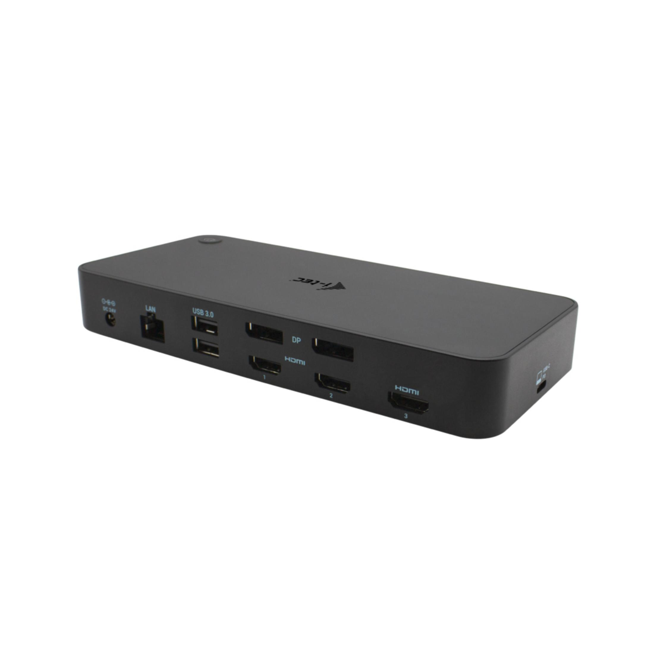 Schwarzer Dockingstation mit USB, LAN, DP und HDMI-Anschlüssen.