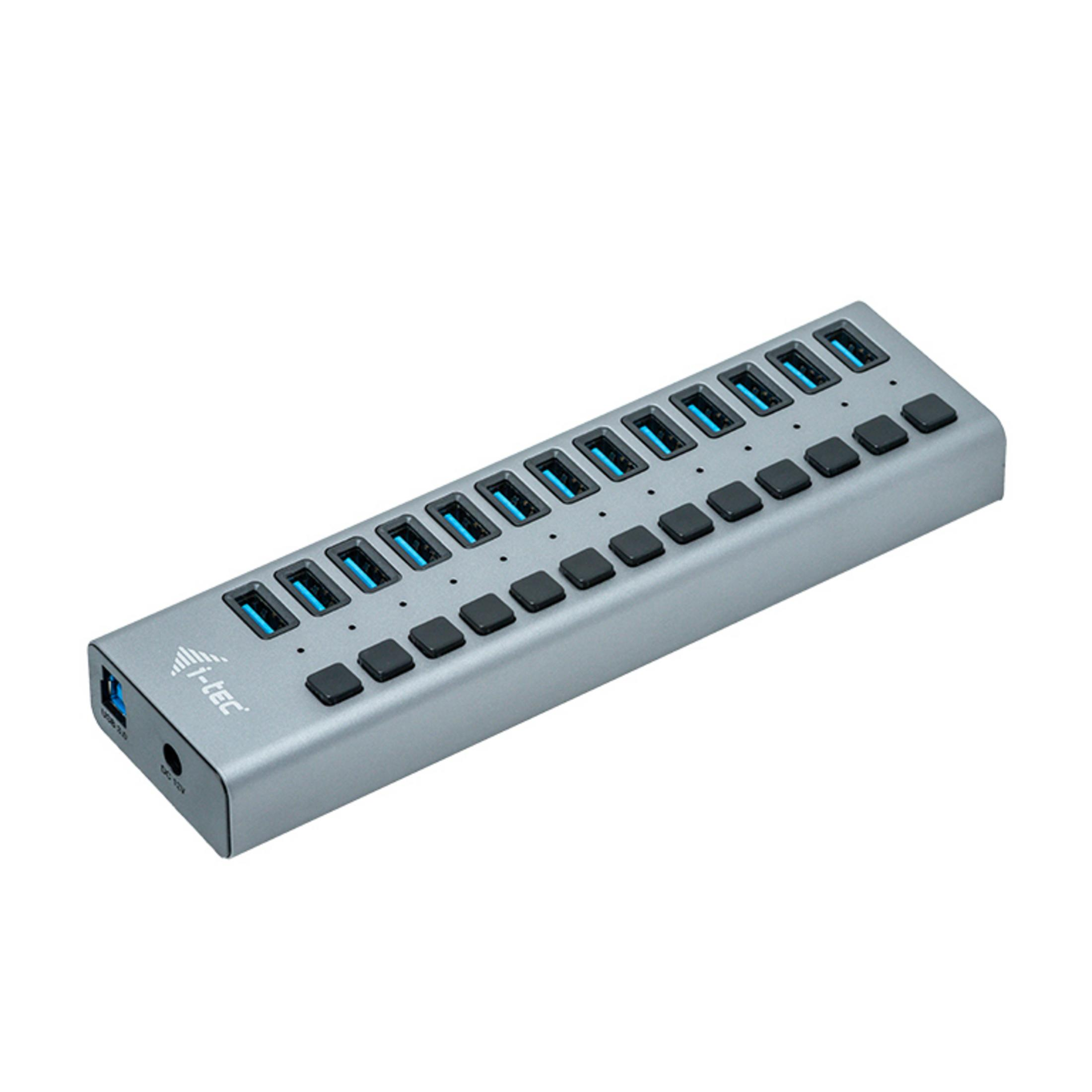 Hub USB grigio con 16 porte e interruttori neri.