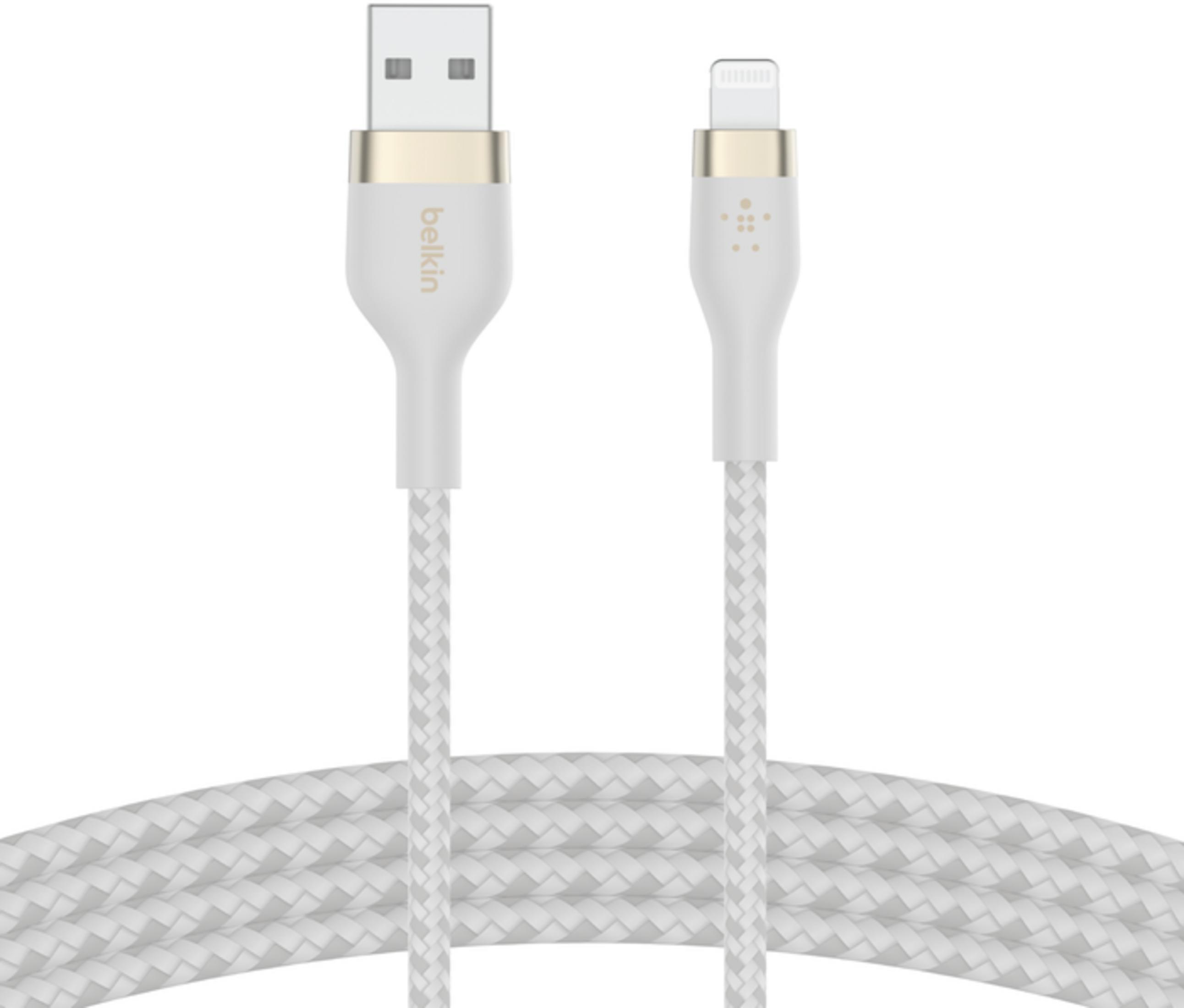 Biały kabel USB-A do Lightning z plecionym oplotem i złotymi akcentami.