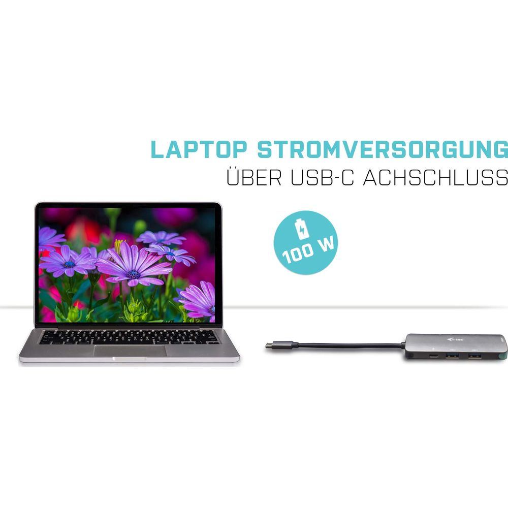 Laptop mit USB-C Hub, der 100W Leistung liefert.