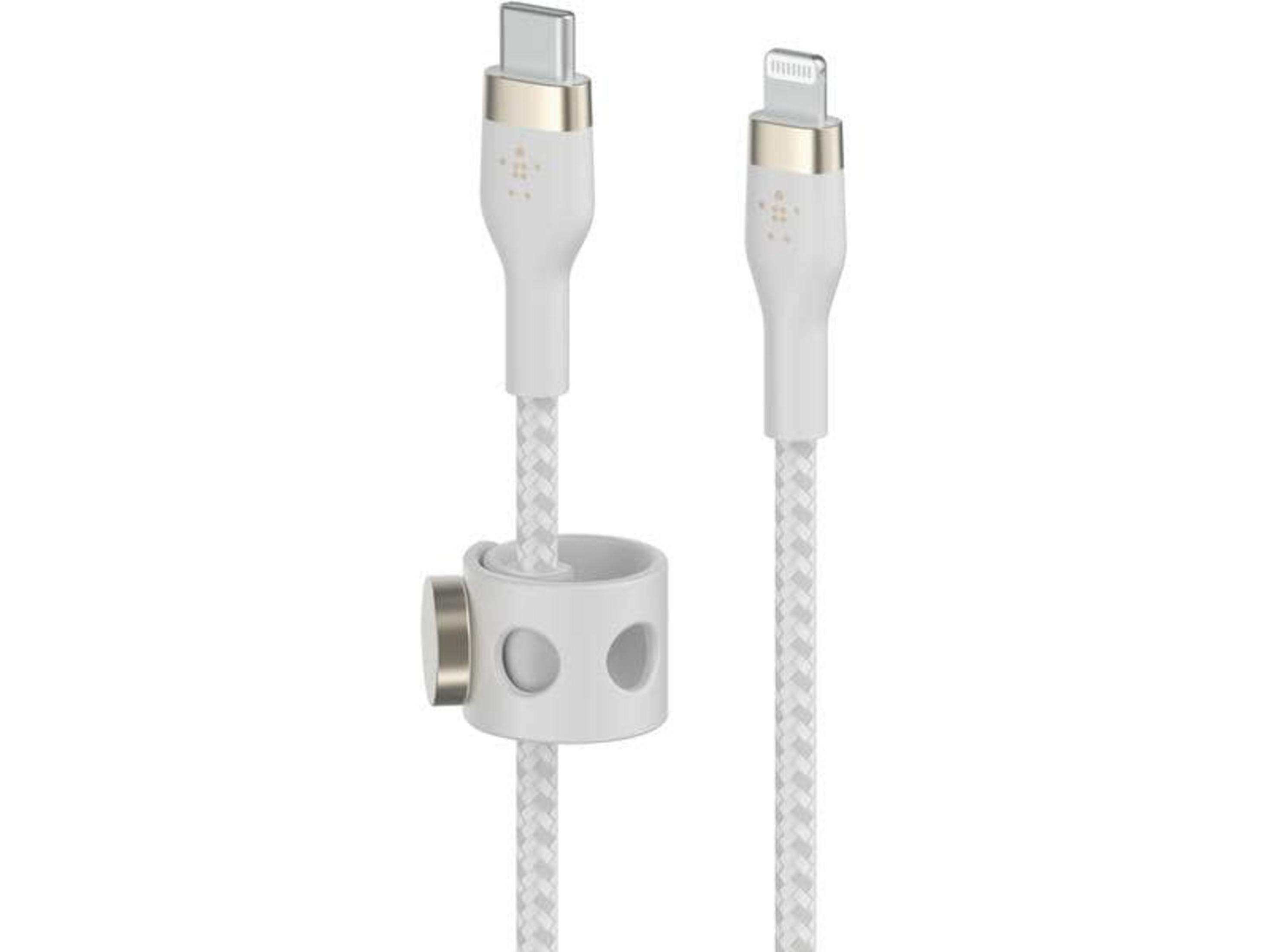 Un câble de chargement blanc avec connecteurs USB-C et Lightning et un clip.