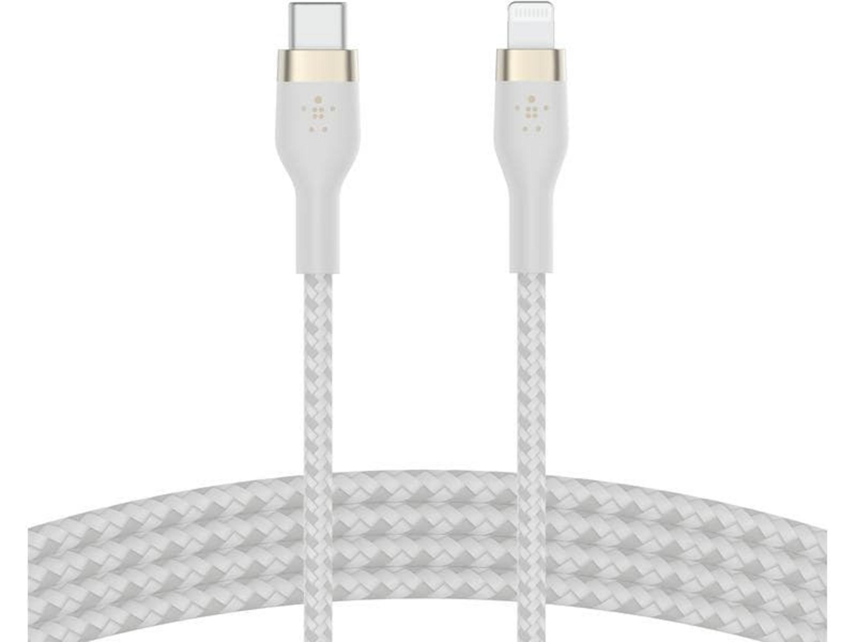 Câble USB-C vers Lightning blanc avec manchon tressé et accents dorés.