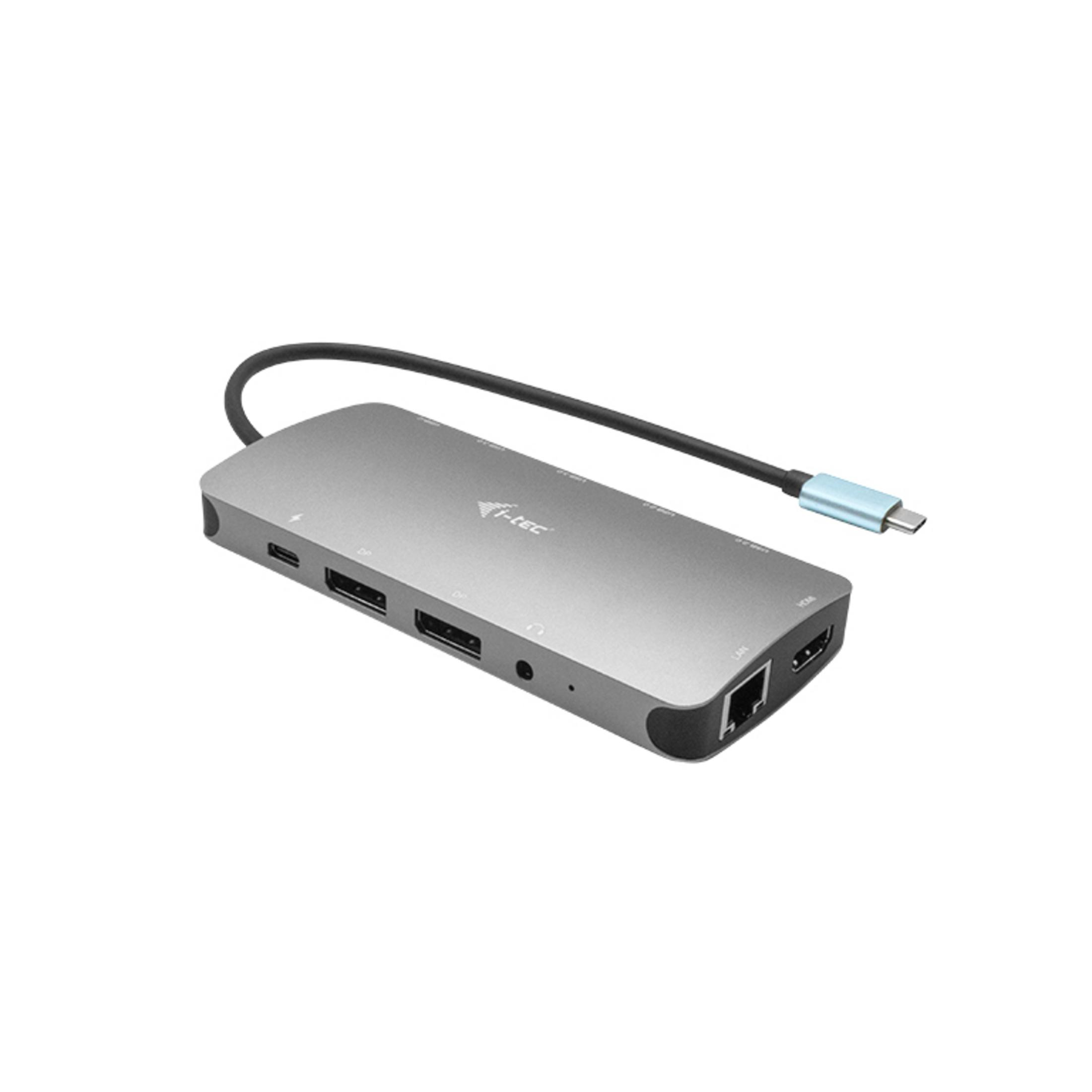 Grauer USB-C-Hub mit Kabel und Anschlüssen: HDMI, LAN, DP, USB.