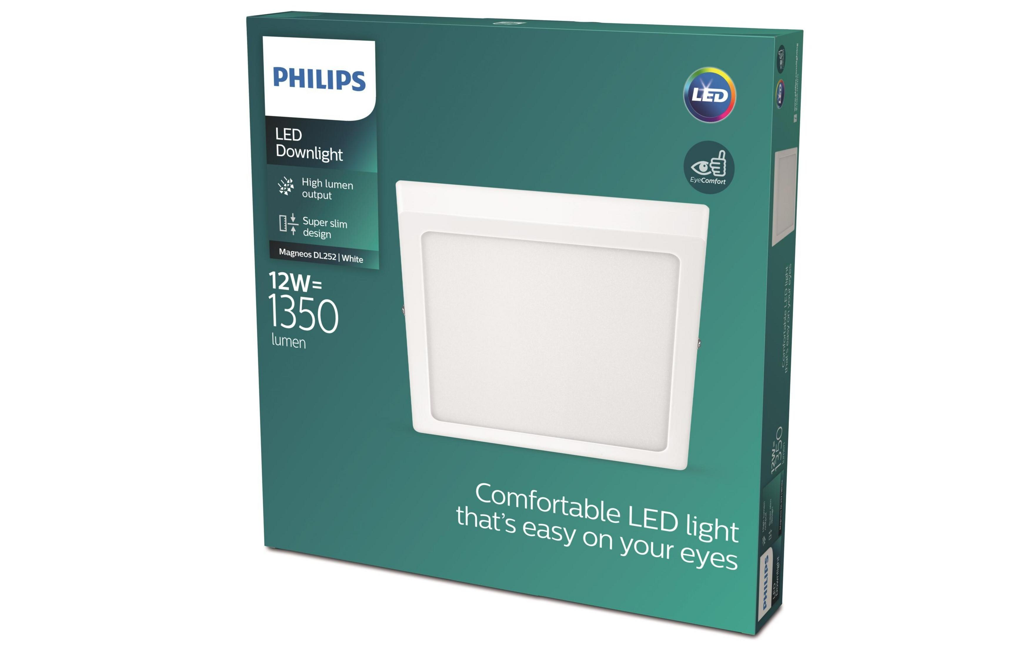 Philips LED Downlight-Verpackung mit einem weißen Panel und Text.