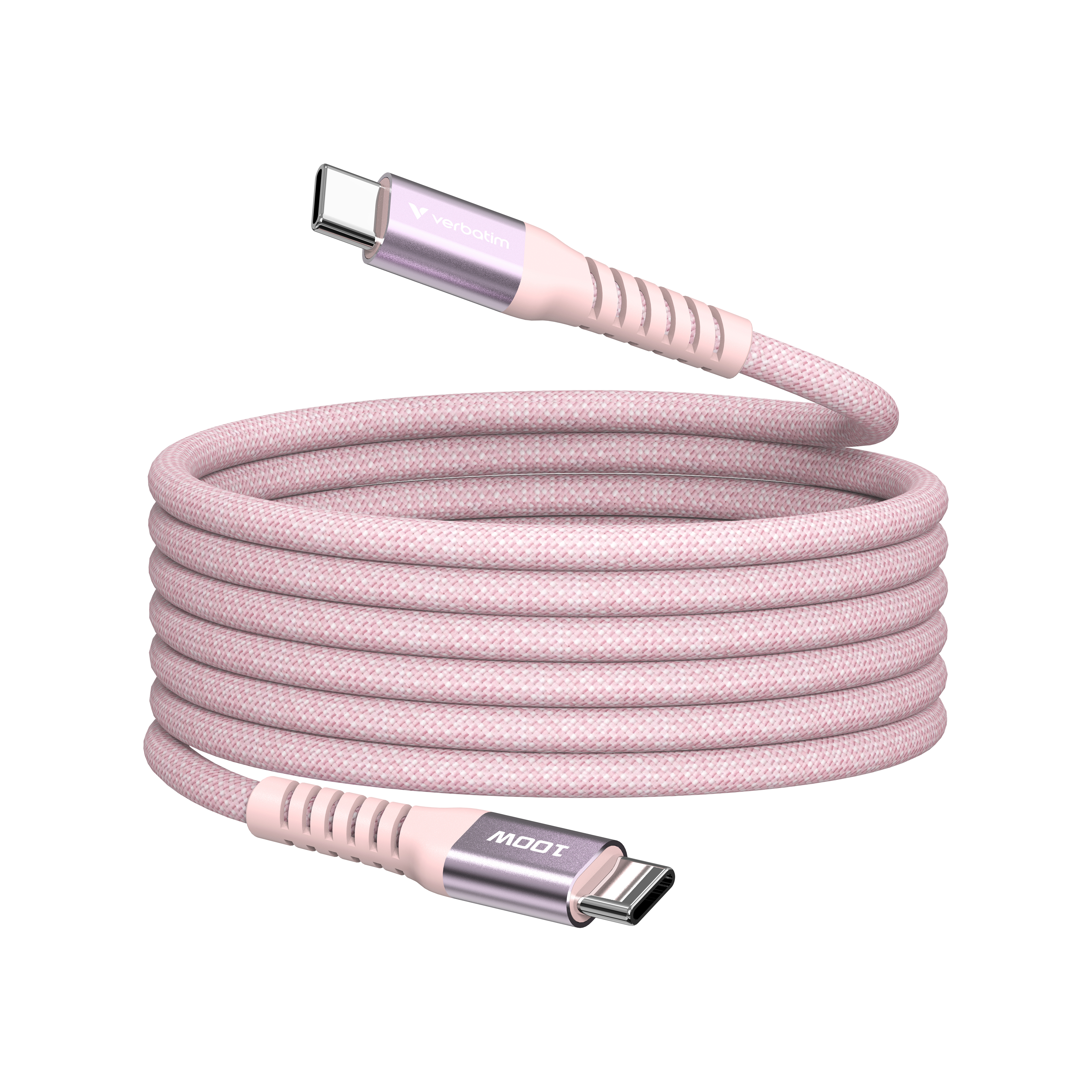 Un cavo USB-C rosa rivestito in tessuto con connettori argentati, arrotolato.