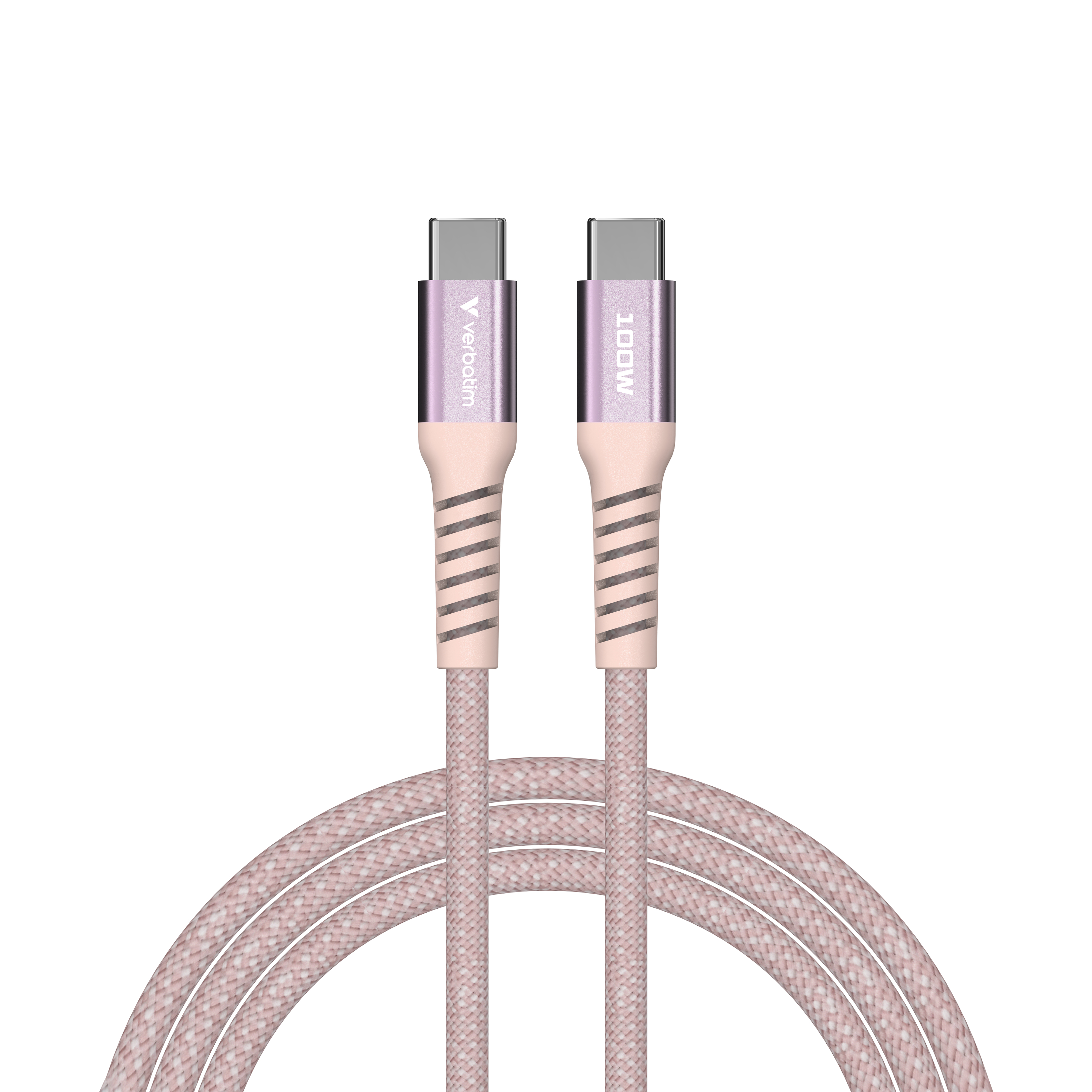 Due cavi USB-C rosa con accenti argentati e indicazione 100W.