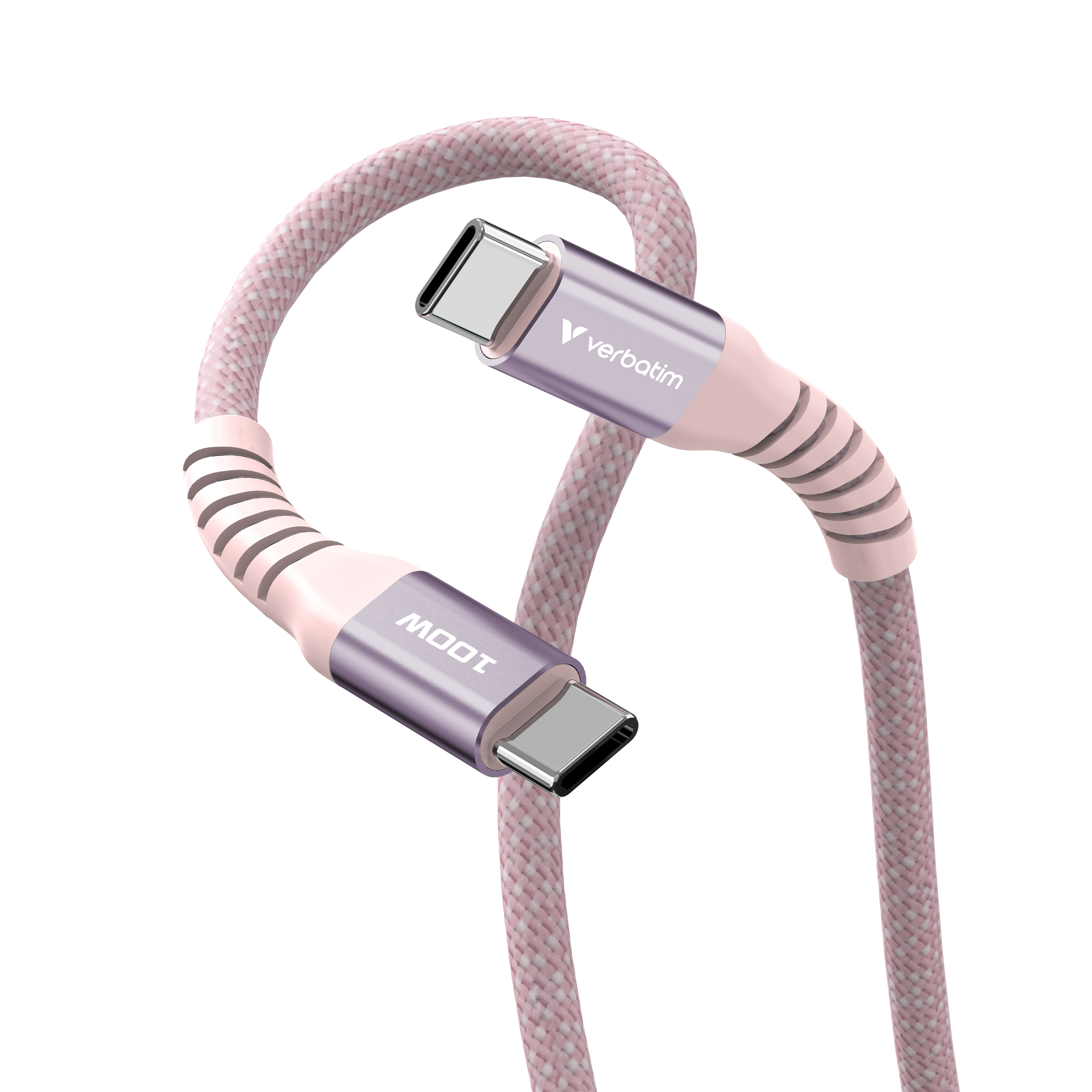 Un cavo USB-C rosa con logo Verbatim e scritta 100W.