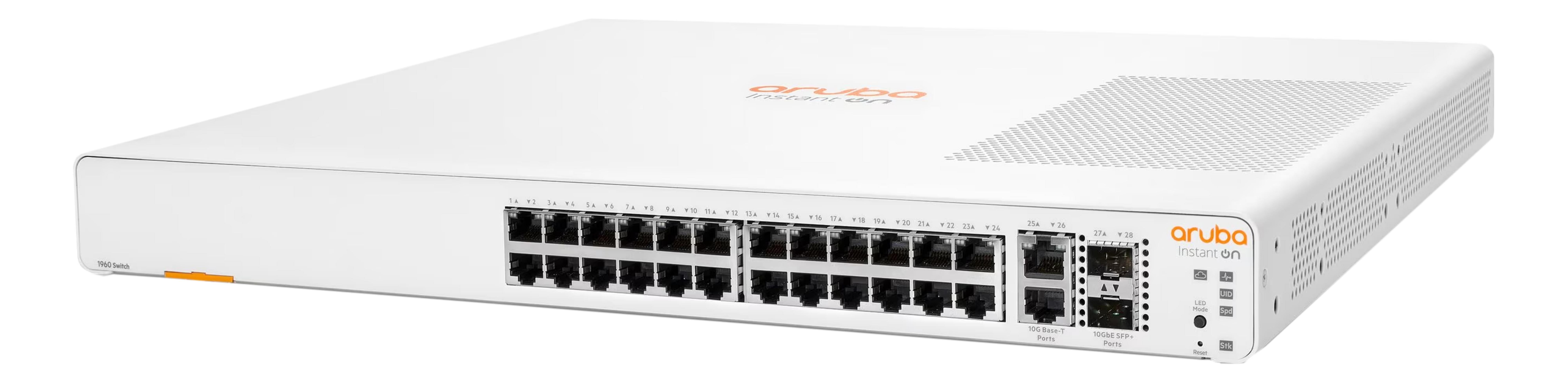 Een witte Aruba Instant On 1960 switch met 24 poorten en 2 SFP+ poorten.