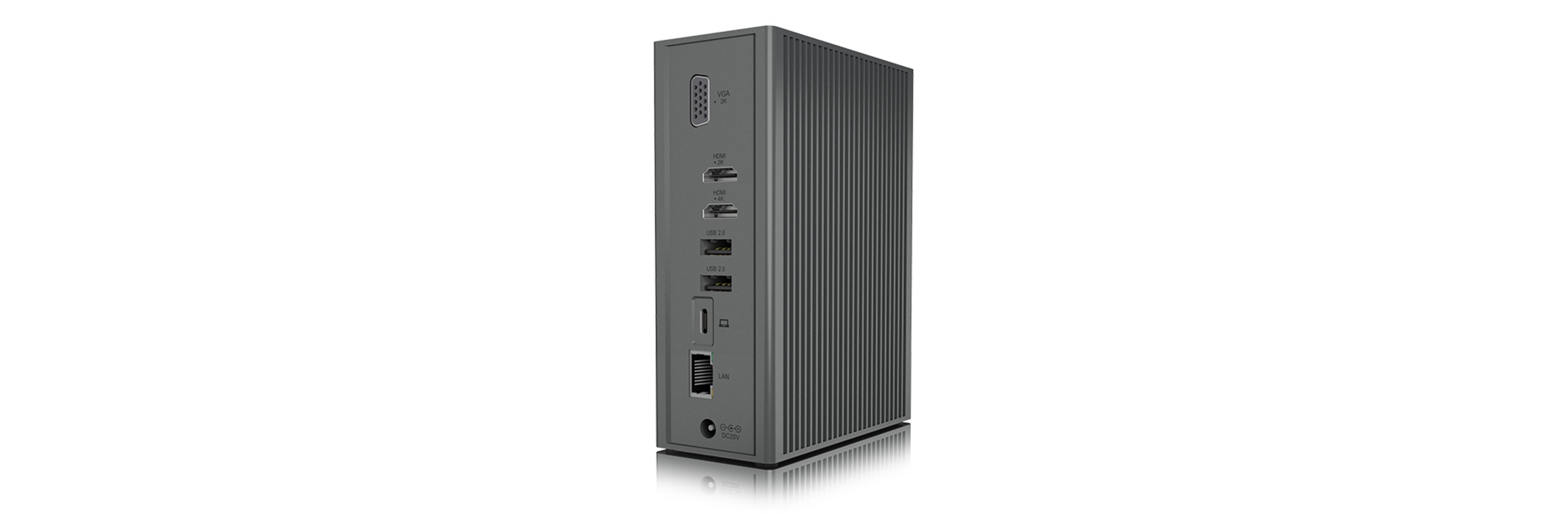 Graues Docking-Gerät mit Anschlüssen: VGA, 2x HDMI, 2x USB 2.0, LAN, DC IN.