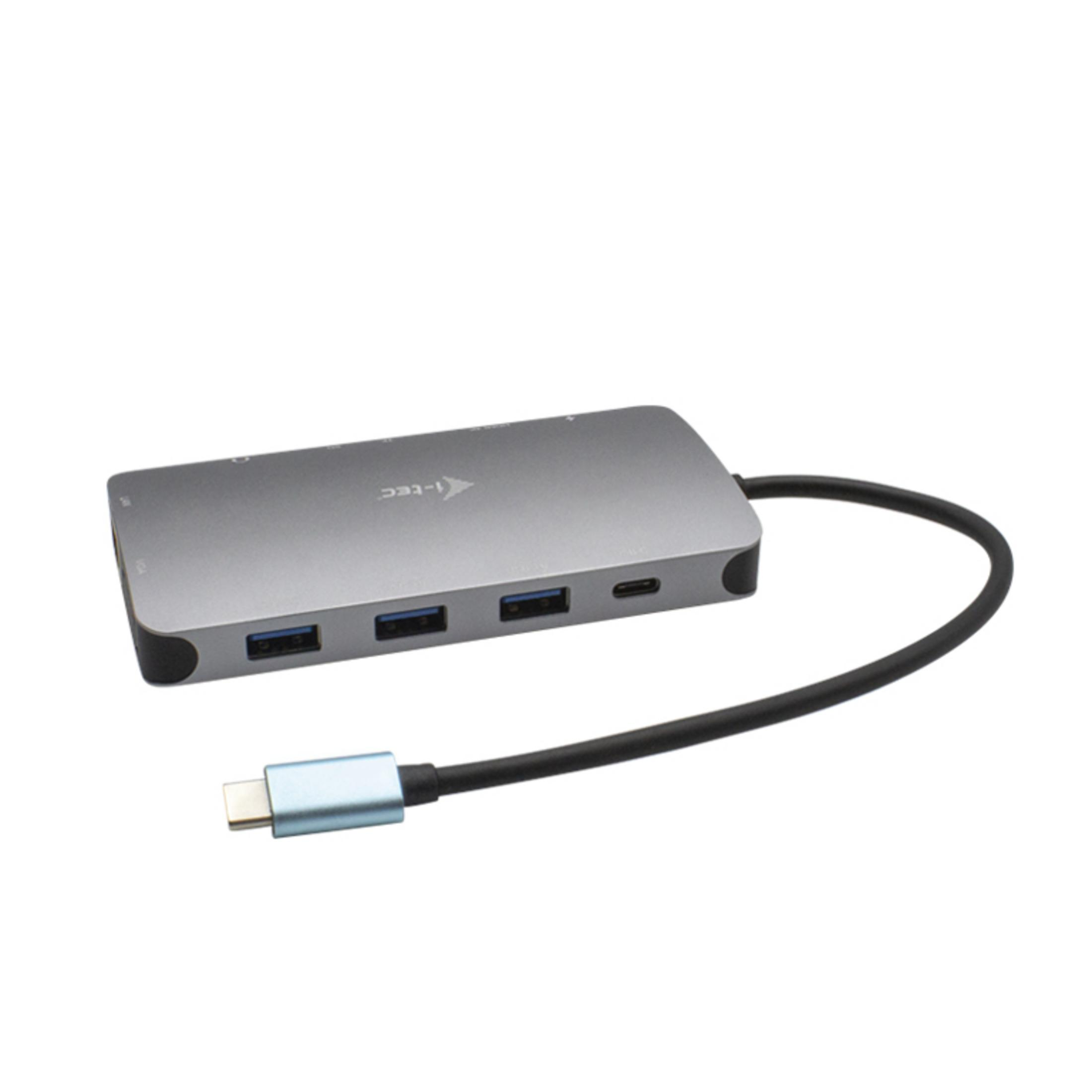 Ein grauer USB-C-Hub mit drei USB-A-Ports und einem USB-C-Port.