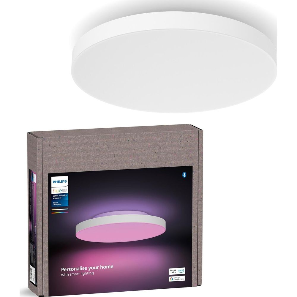 Biała lampa sufitowa Philips Hue z różowym oświetleniem na opakowaniu.