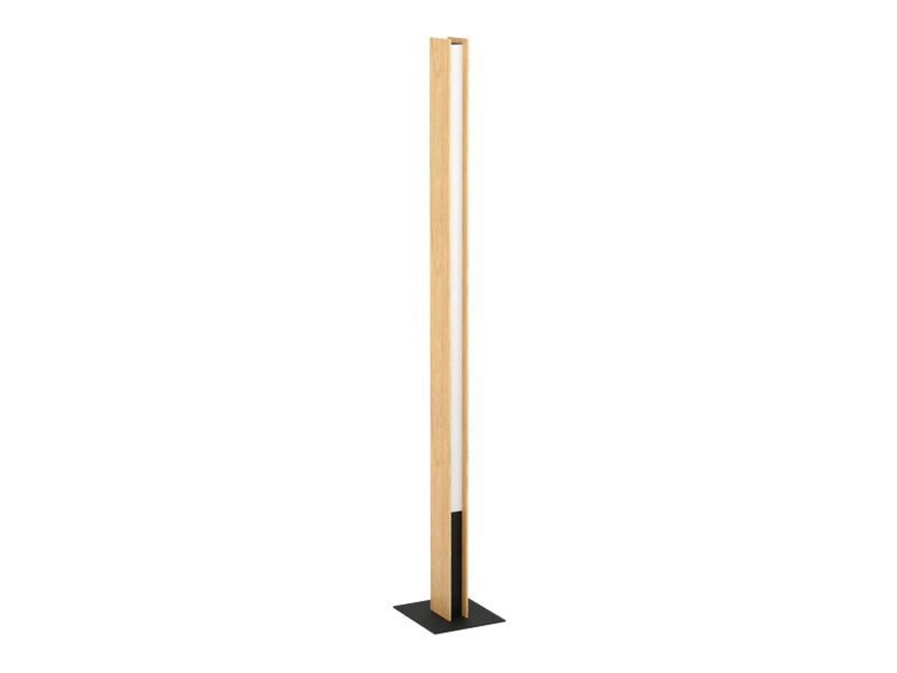 Ein schlanker, hoher Stehleuchte mit Holzverkleidung und schwarzem Sockel.