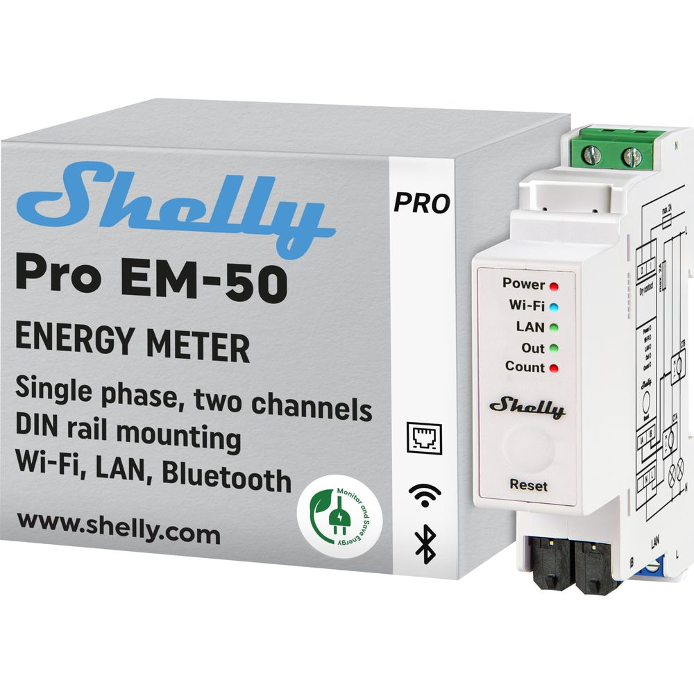 Miernik energii Shelly Pro EM-50 ze wskaźnikami i przyciskiem reset.
