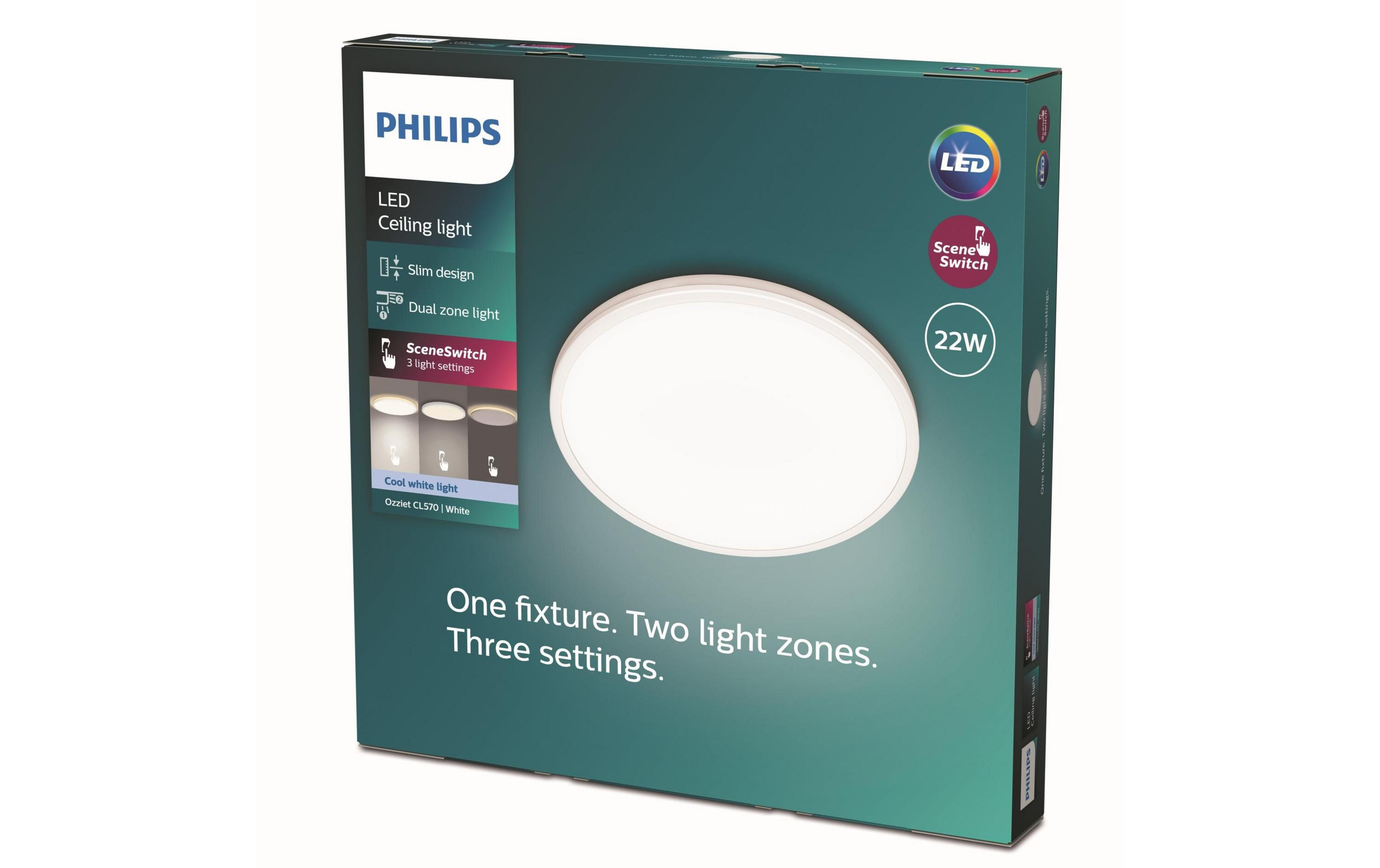 Confezione di una plafoniera LED Philips con 3 impostazioni luce.