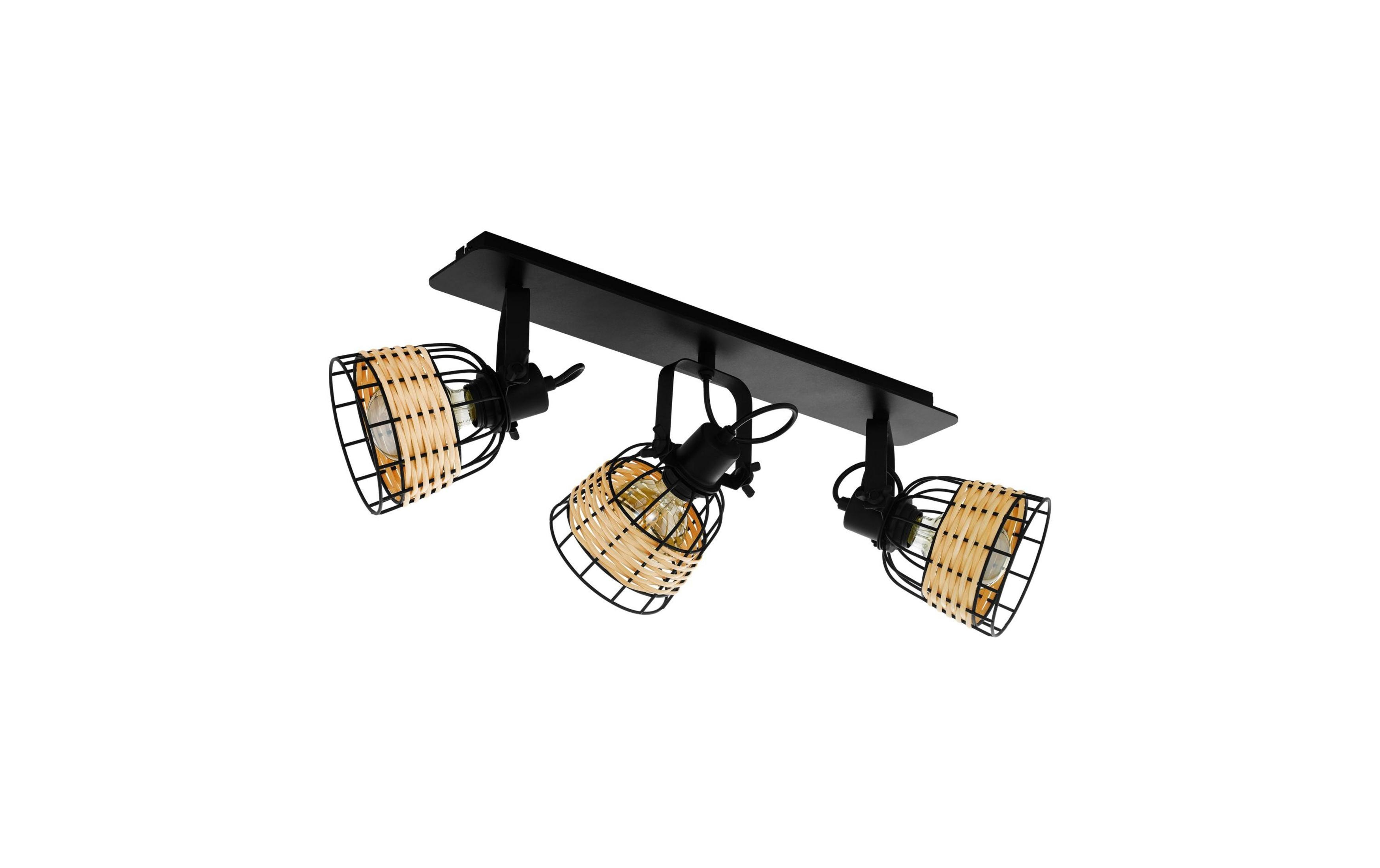 Plafoniera nera con tre cesti in rattan e gabbie in metallo nero.