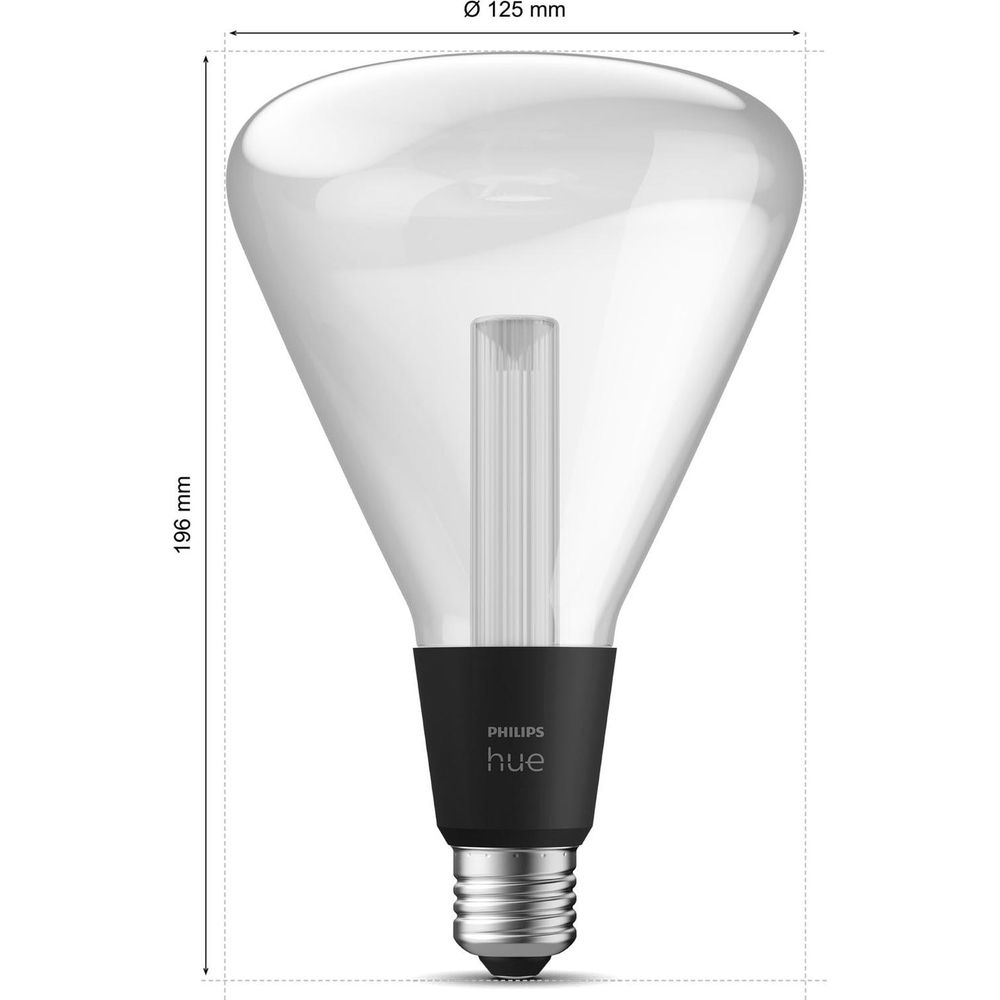 Duża, przezroczysta żarówka Philips Hue z czarną podstawą i srebrnym gwintem.
