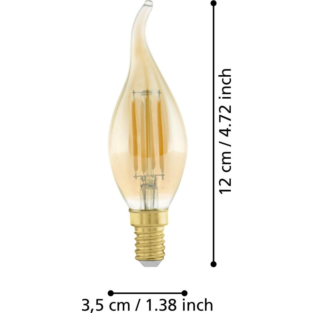 Flammenförmige Glühbirne mit E14-Sockel und Maßangaben.