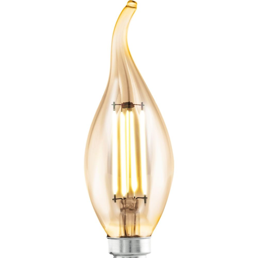 Bernsteinfarbene Flammenlampe mit sichtbaren LEDs und silbernem Sockel.