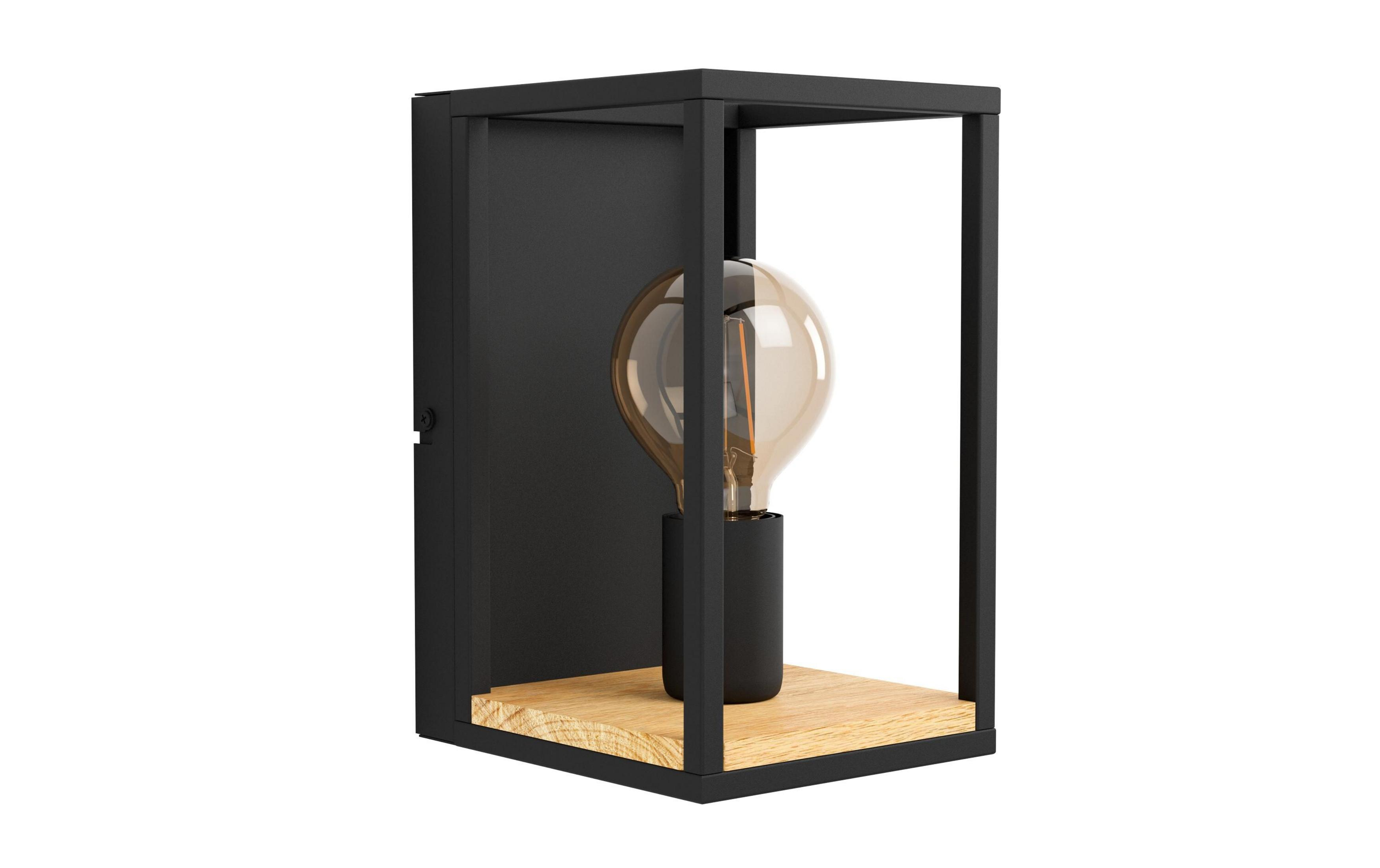 Applique murale noire avec socle en bois et ampoule Edison.
