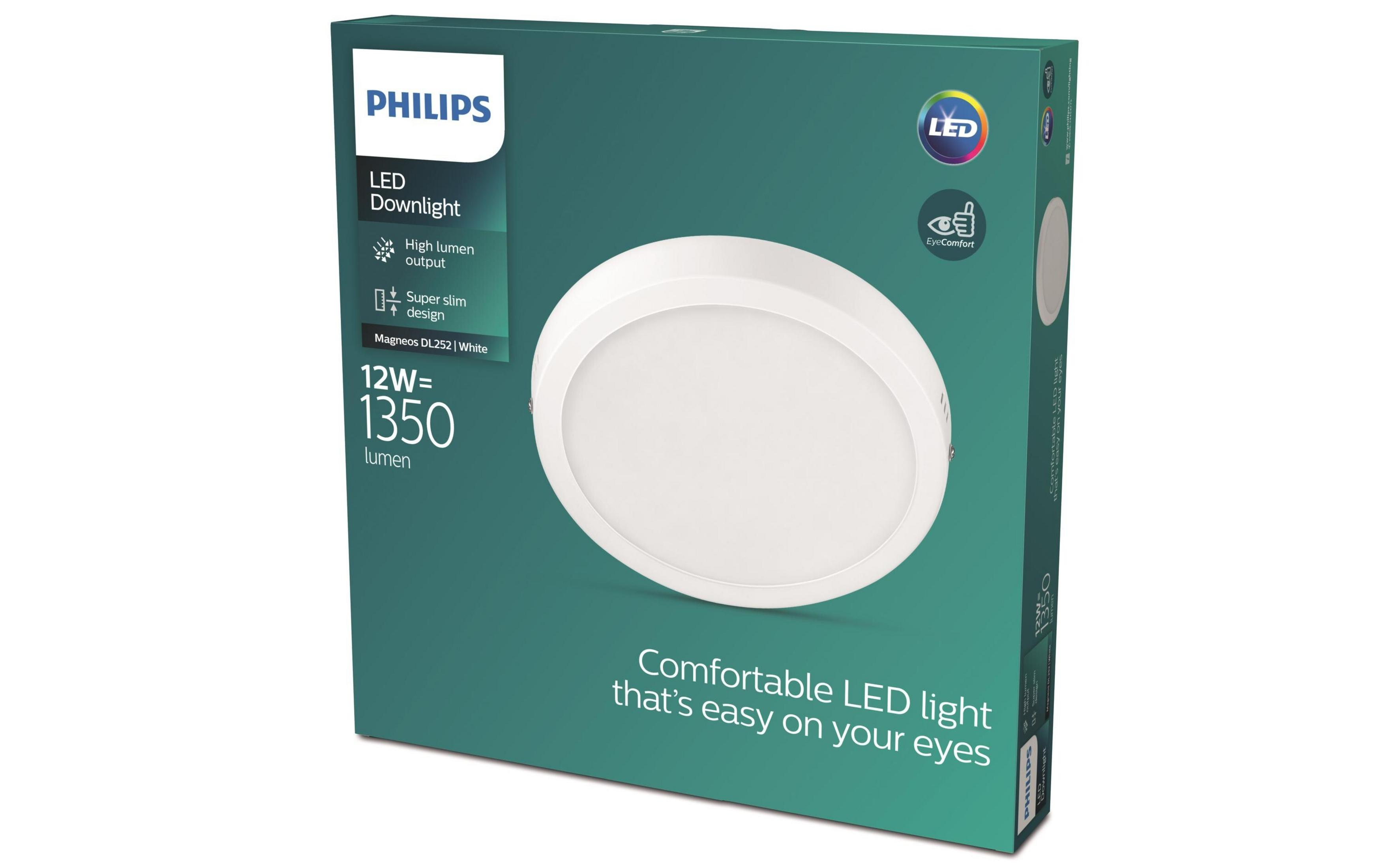 Embalaje de luz LED Philips: 12W, 1350 lúmenes, diseño delgado.