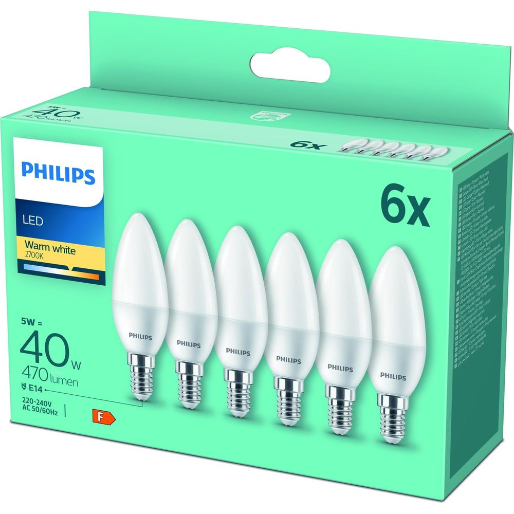 Pack de six ampoules LED Philips type bougie, blanc chaud, 2700K.