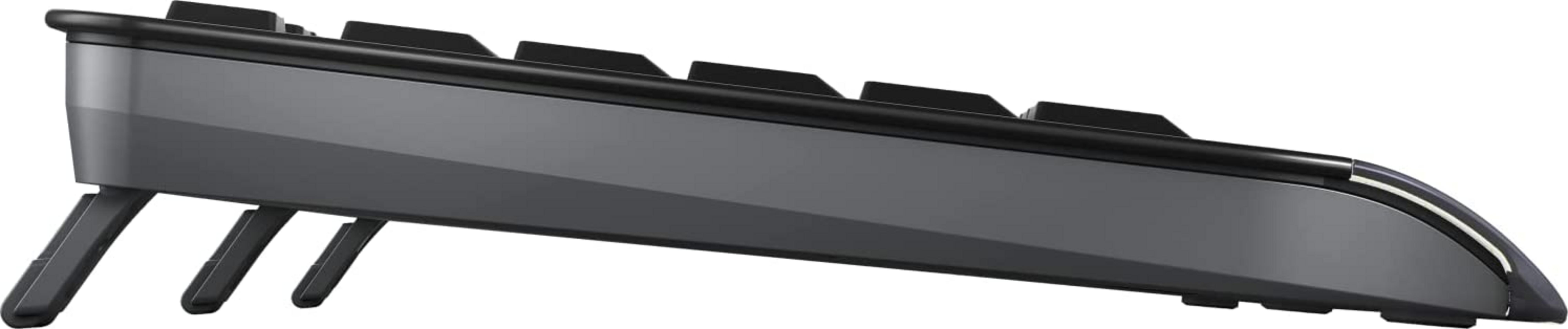 Szara klawiatura z czarnymi klawiszami i rozkładanymi nóżkami, widok z boku.