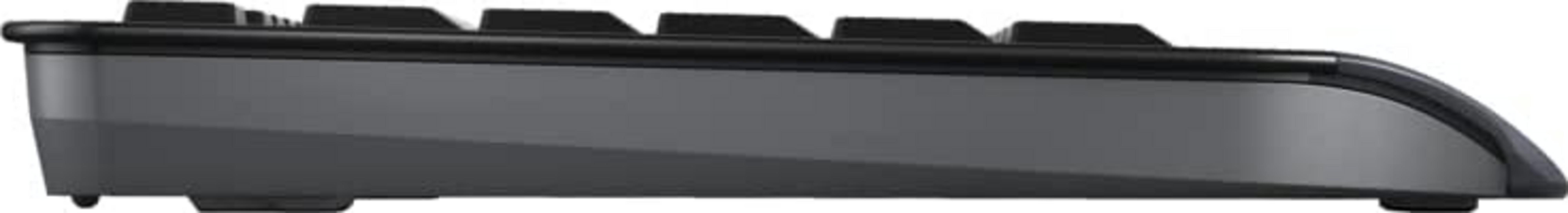 Bok szarej klawiatury z czarnymi klawiszami i czarną ramką.