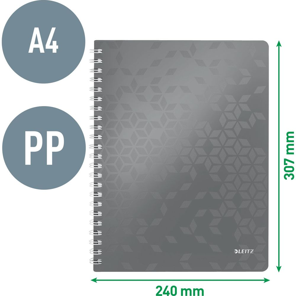 Szary notes A4 ze spiralą i geometrycznym wzorem. Wymiary: 240x307 mm.
