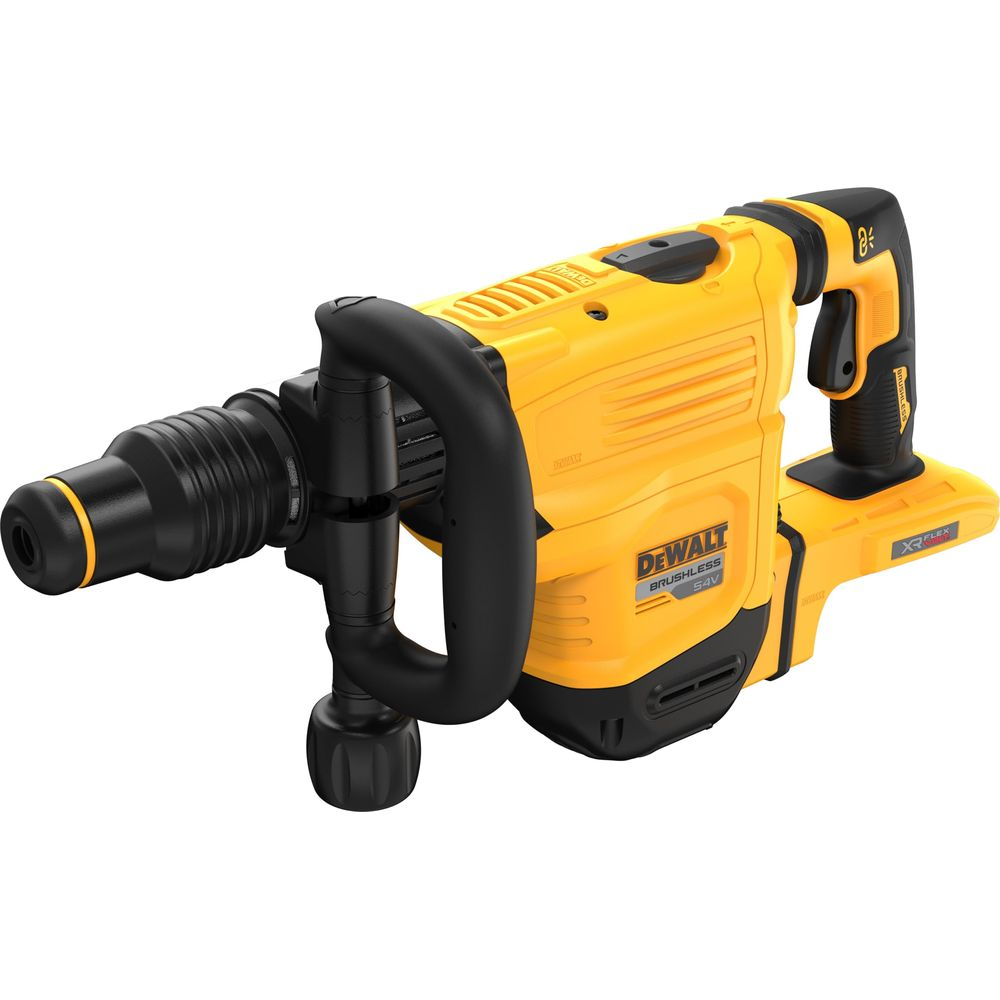 Taladro percutor Dewalt amarillo y negro con mango auxiliar y batería.